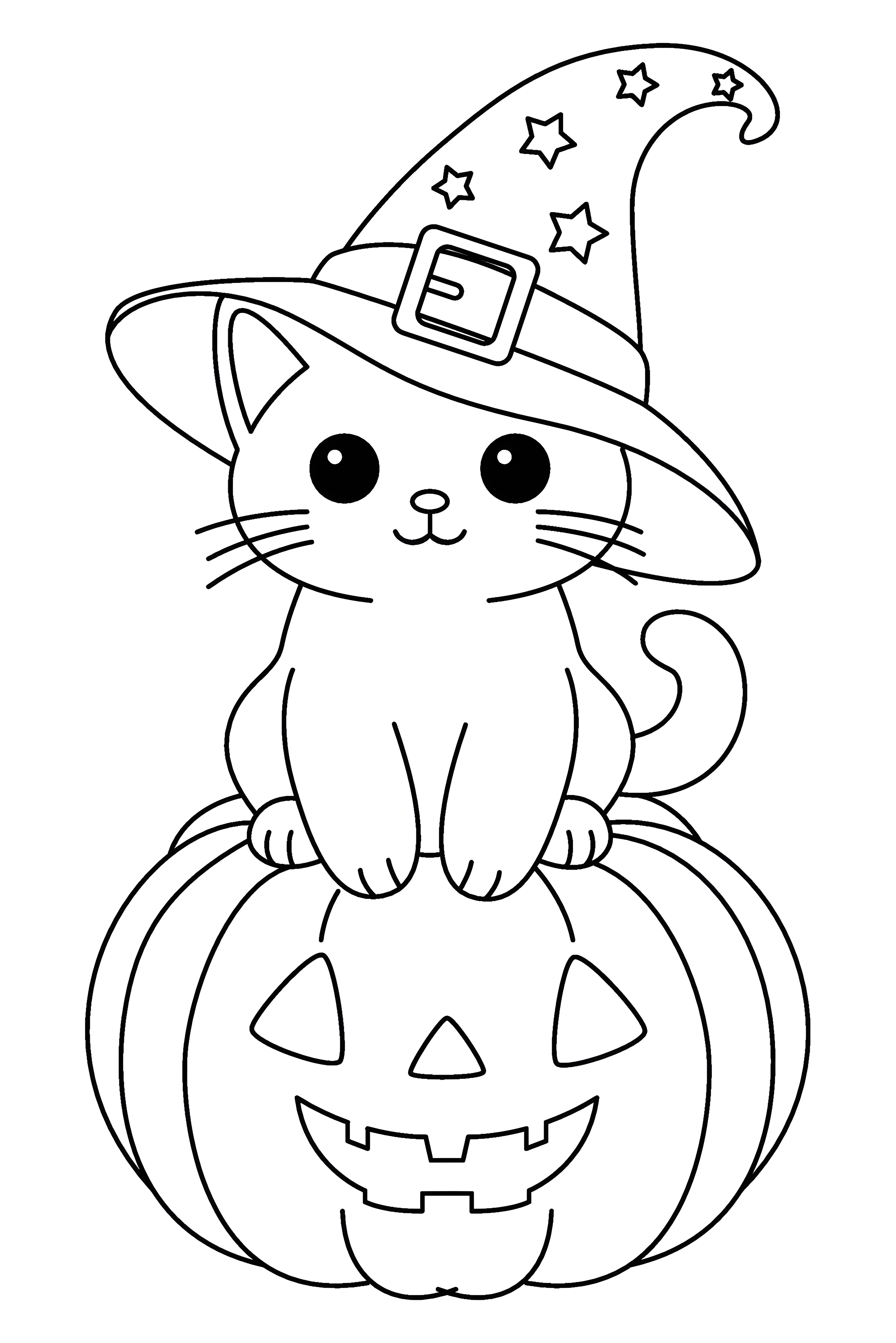 Coloriage de petit chat portant un chapeau de sorcière étoilé, assis sur une citrouille d’Halloween