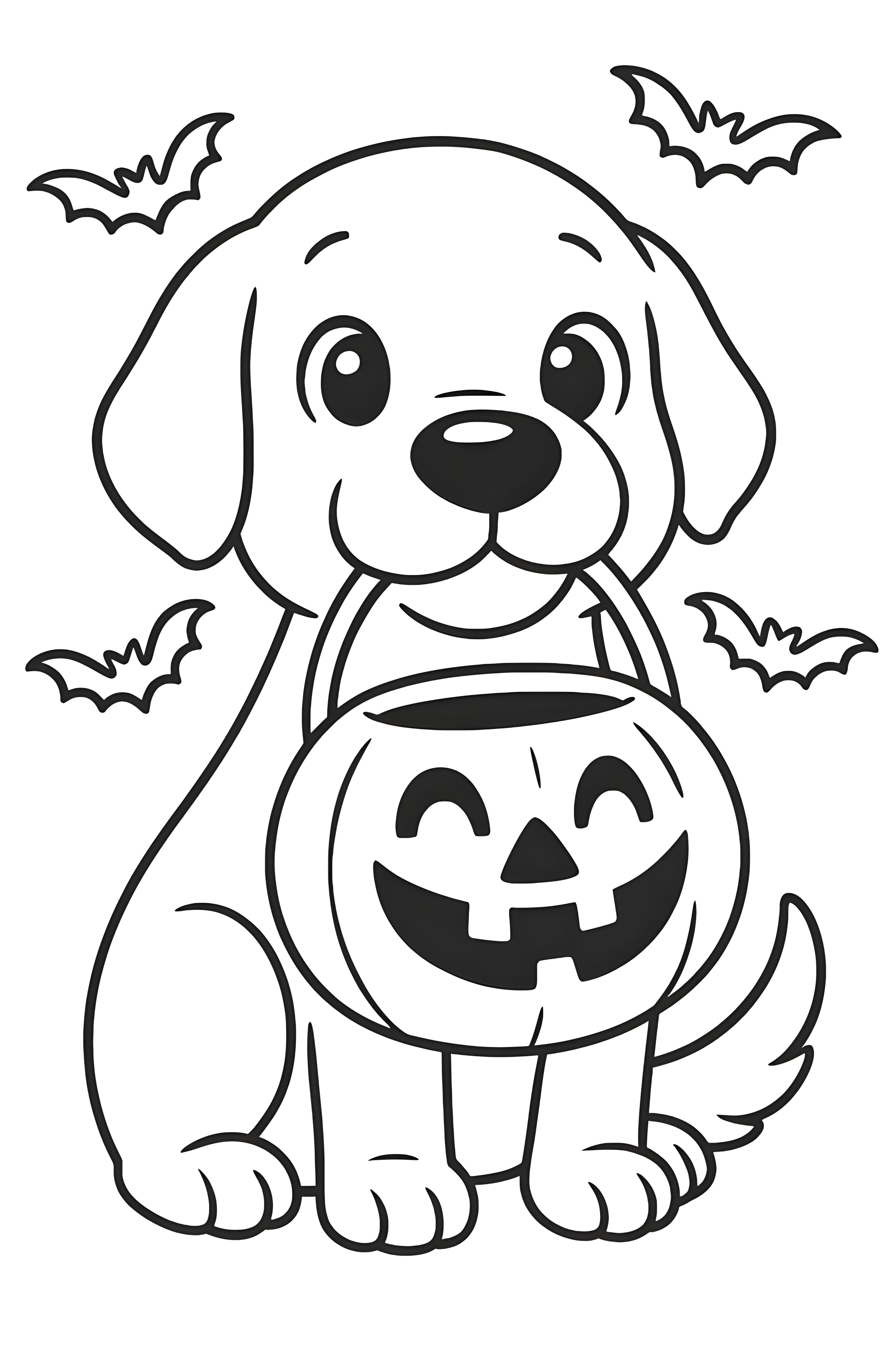Coloriage de chiot tenant un panier citrouille d’Halloween dans la gueule, entouré de chauves-souris