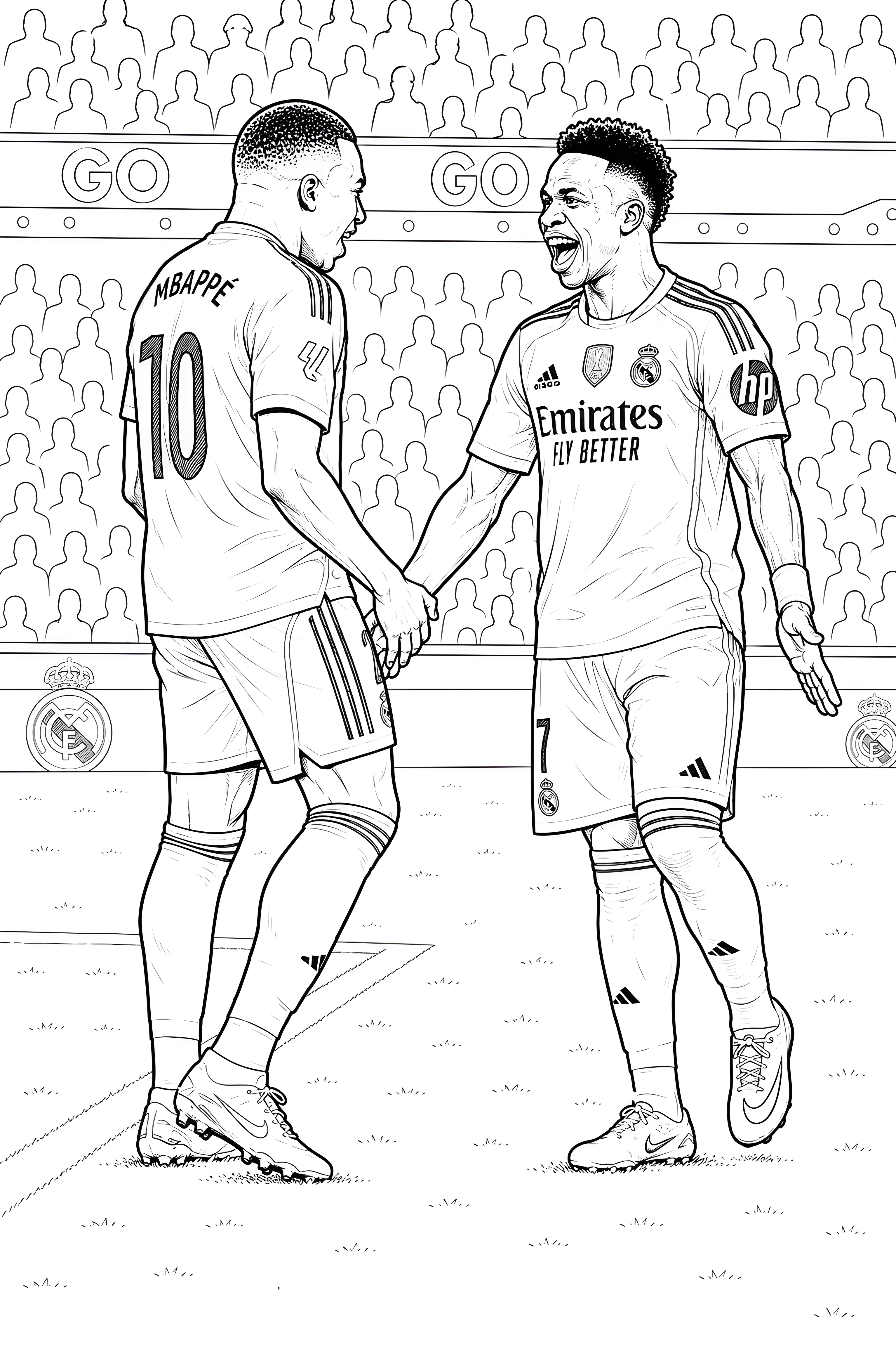 Coloriage de Kylian Mbappé et Vinícius Jr. qui se serrent la main sur le terrain, en maillot du Real Madrid