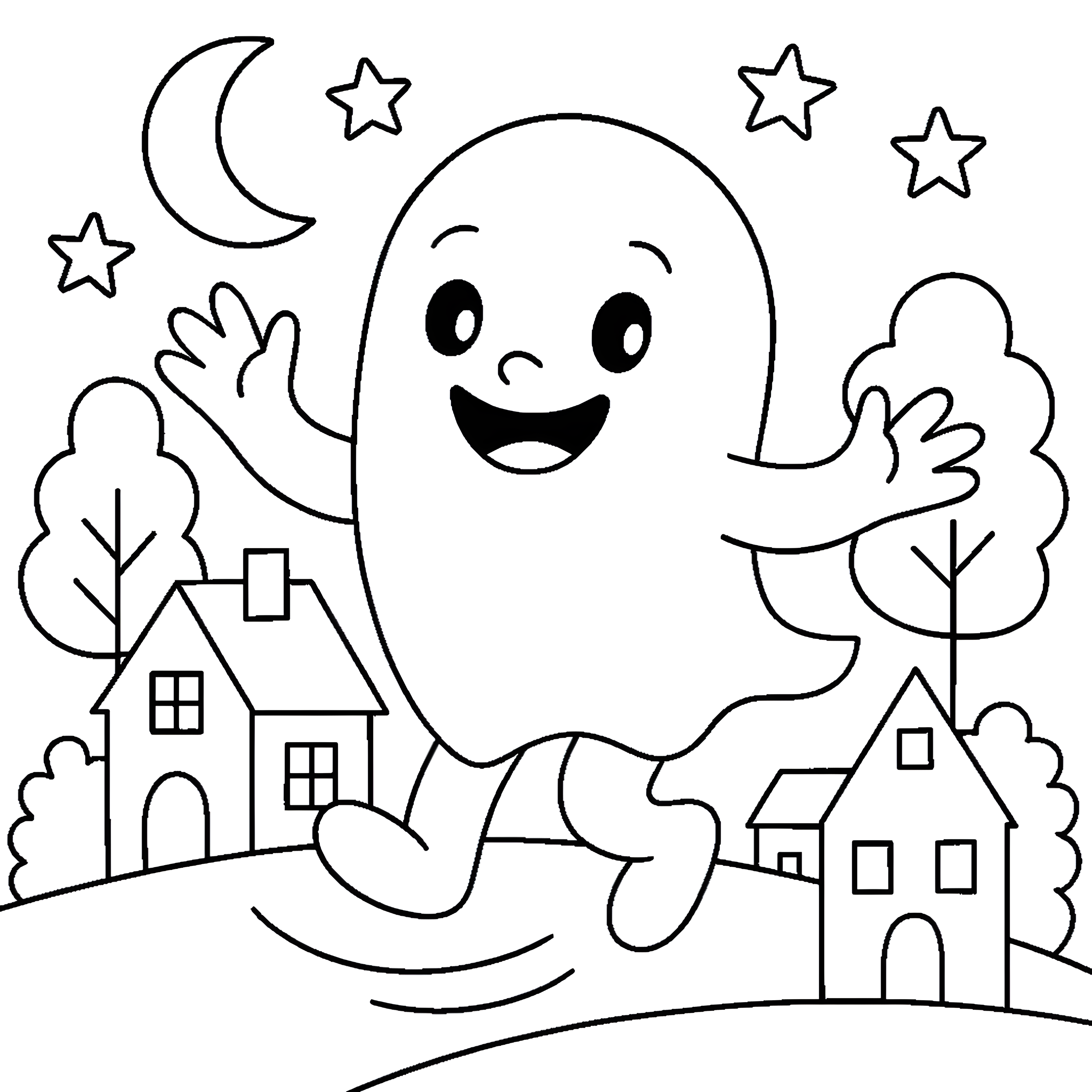 Un fantôme souriant aux bras levés flotte au-dessus d’un village sous la lune et les étoiles, dans ce coloriage d’Halloween.