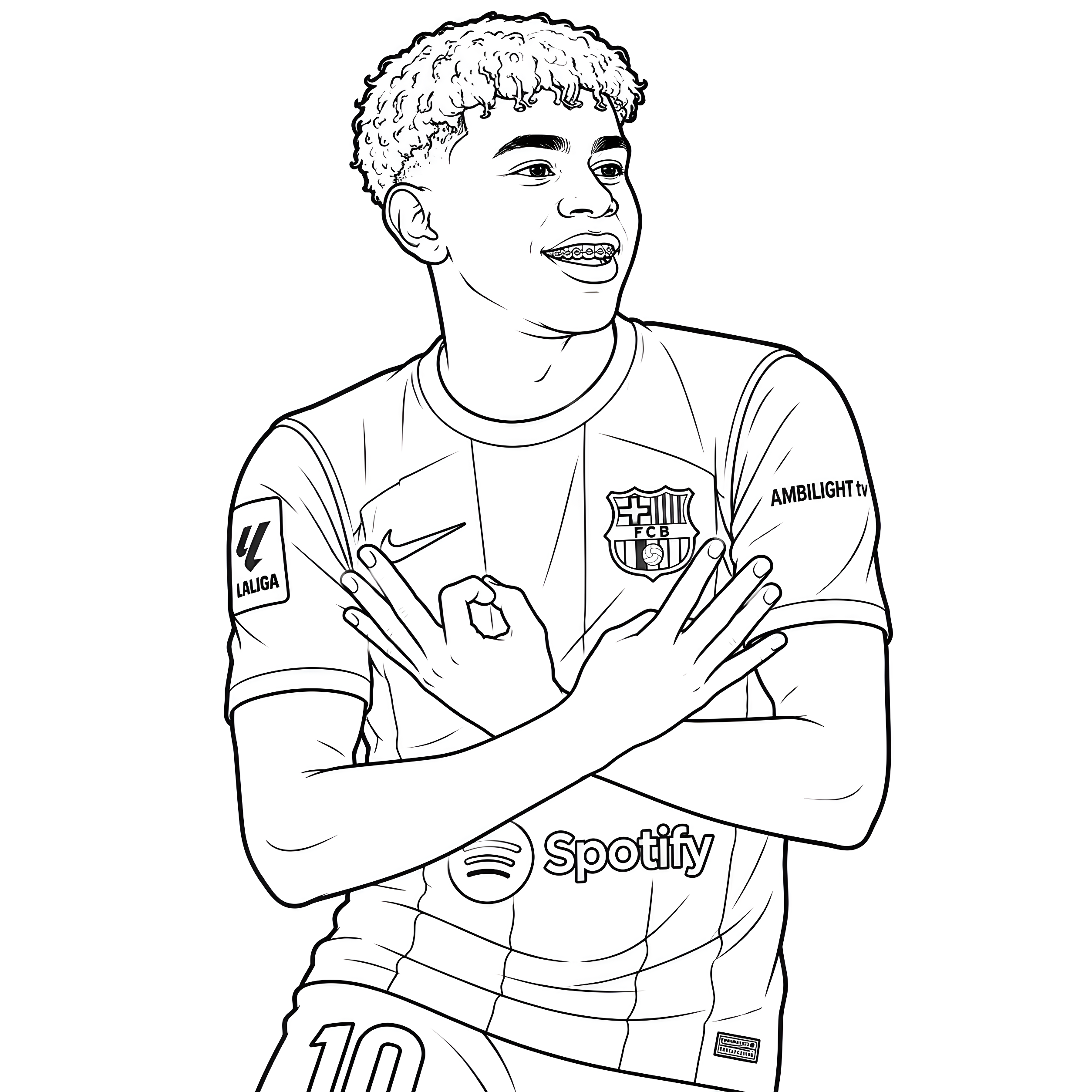 Coloriage de Lamine Yamal souriant, les bras croisés en célébration, avec le maillot du FC Barcelone