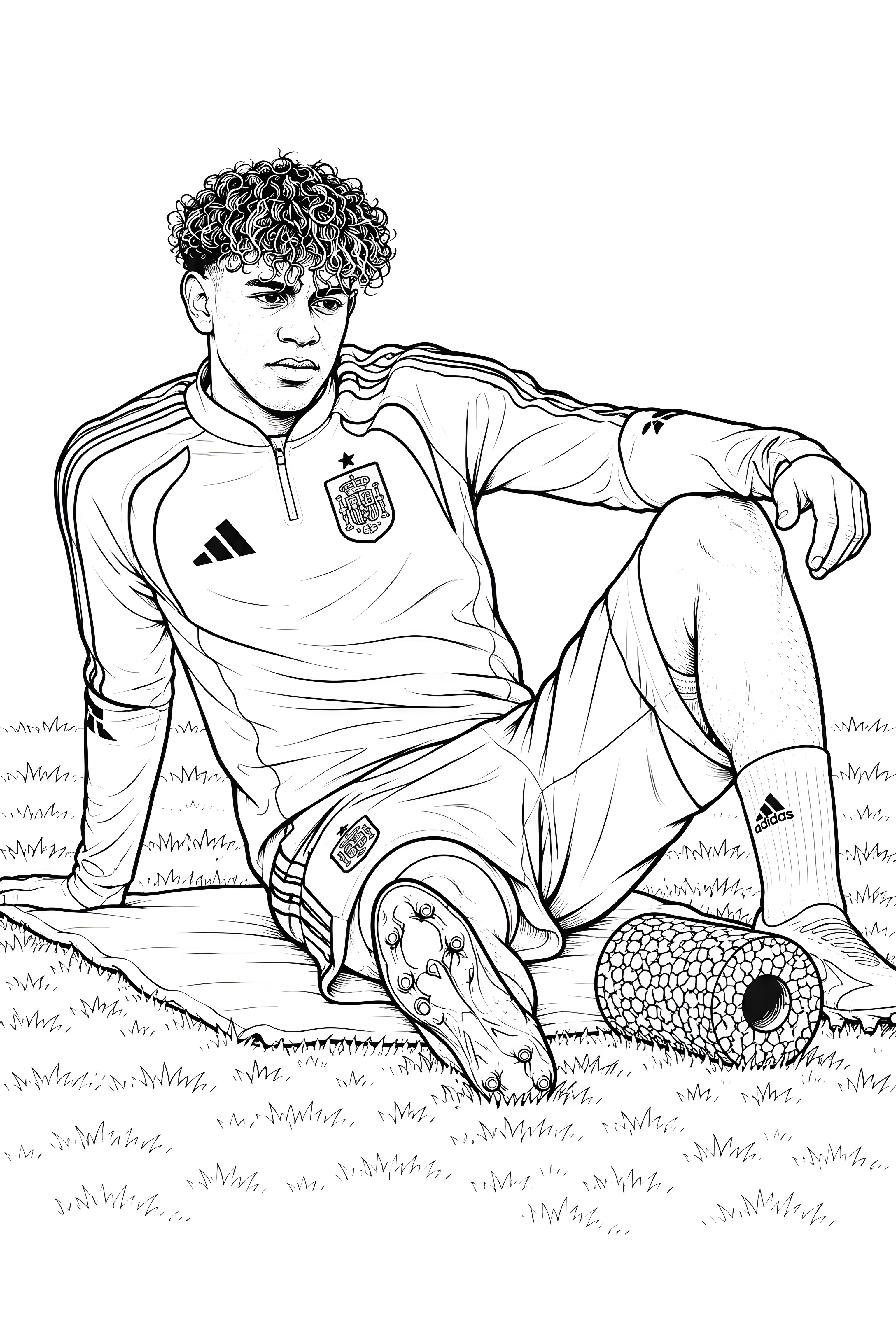 Coloriage de Lamine Yamal assis sur la pelouse, en tenue d’entraînement de l’équipe d’Espagne