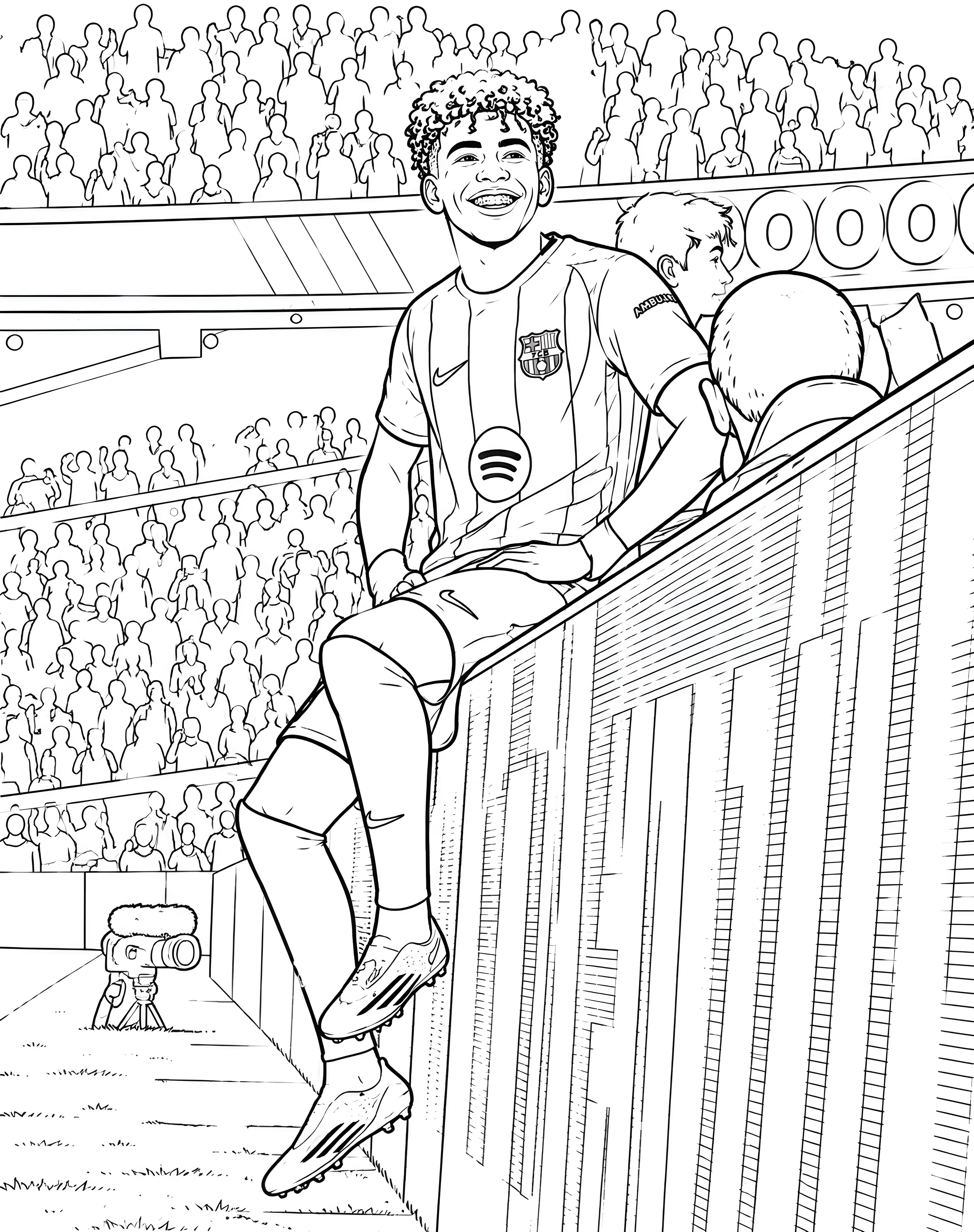 Coloriage de Lamine Yamal assis sur la rambarde du stade, en maillot du FC Barcelone, à imprimer ou à colorier en ligne.