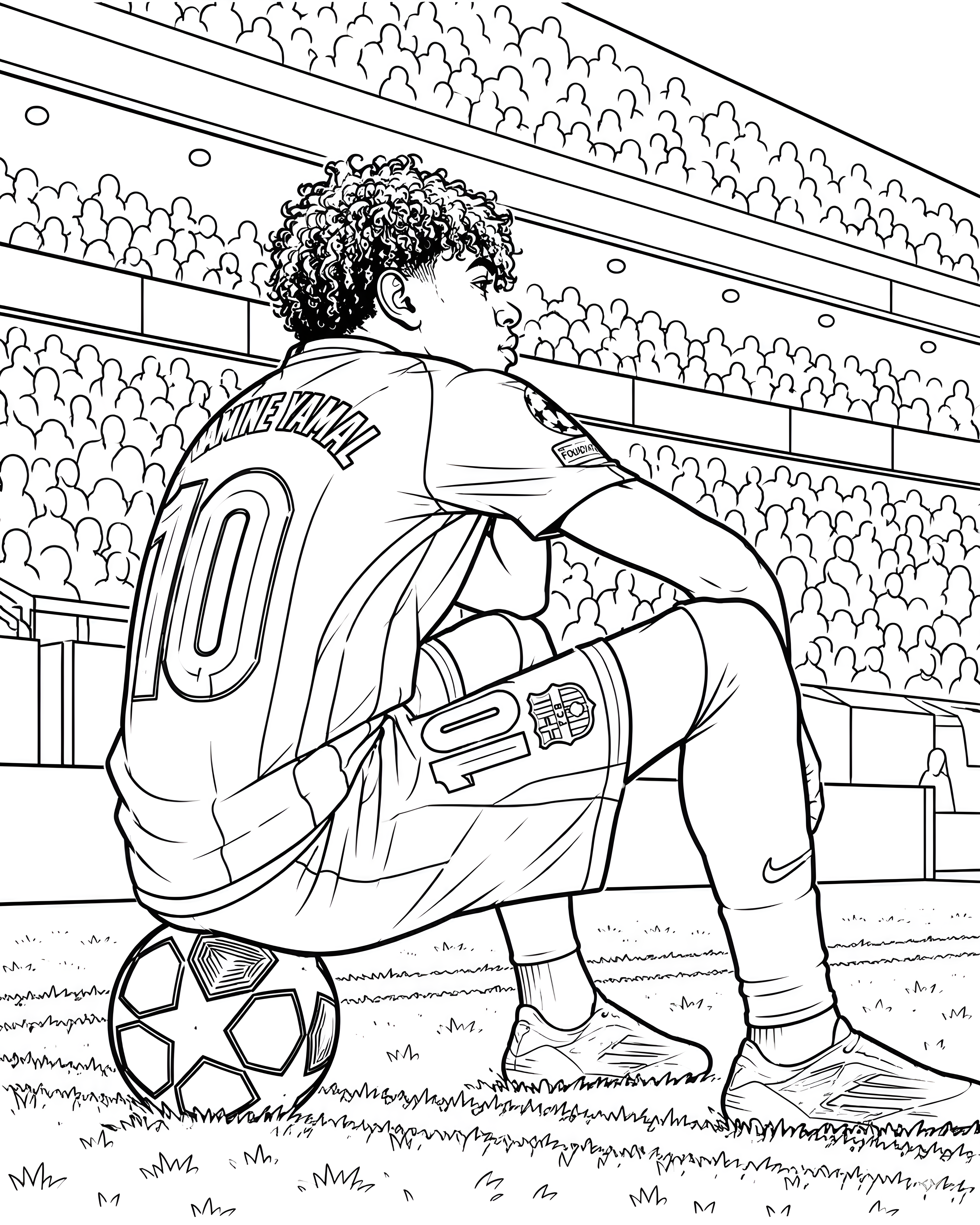 Coloriage de Lamine Yamal assis sur un ballon, vu de dos dans un stade, avec le maillot du FC Barcelone.