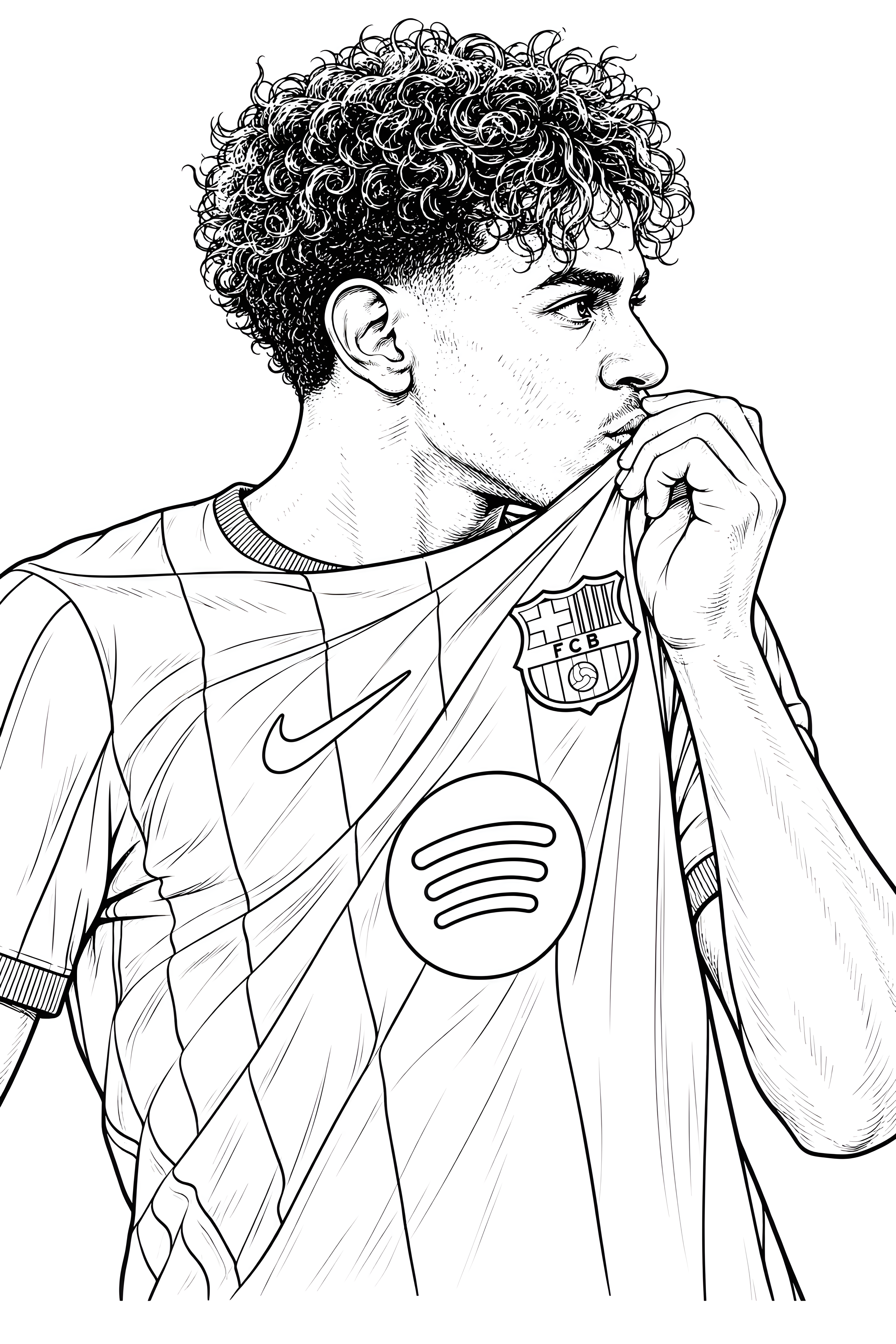 Lamine Yamal embrasse l’écusson du FC Barcelone sur son maillot, dessin à colorier de football.