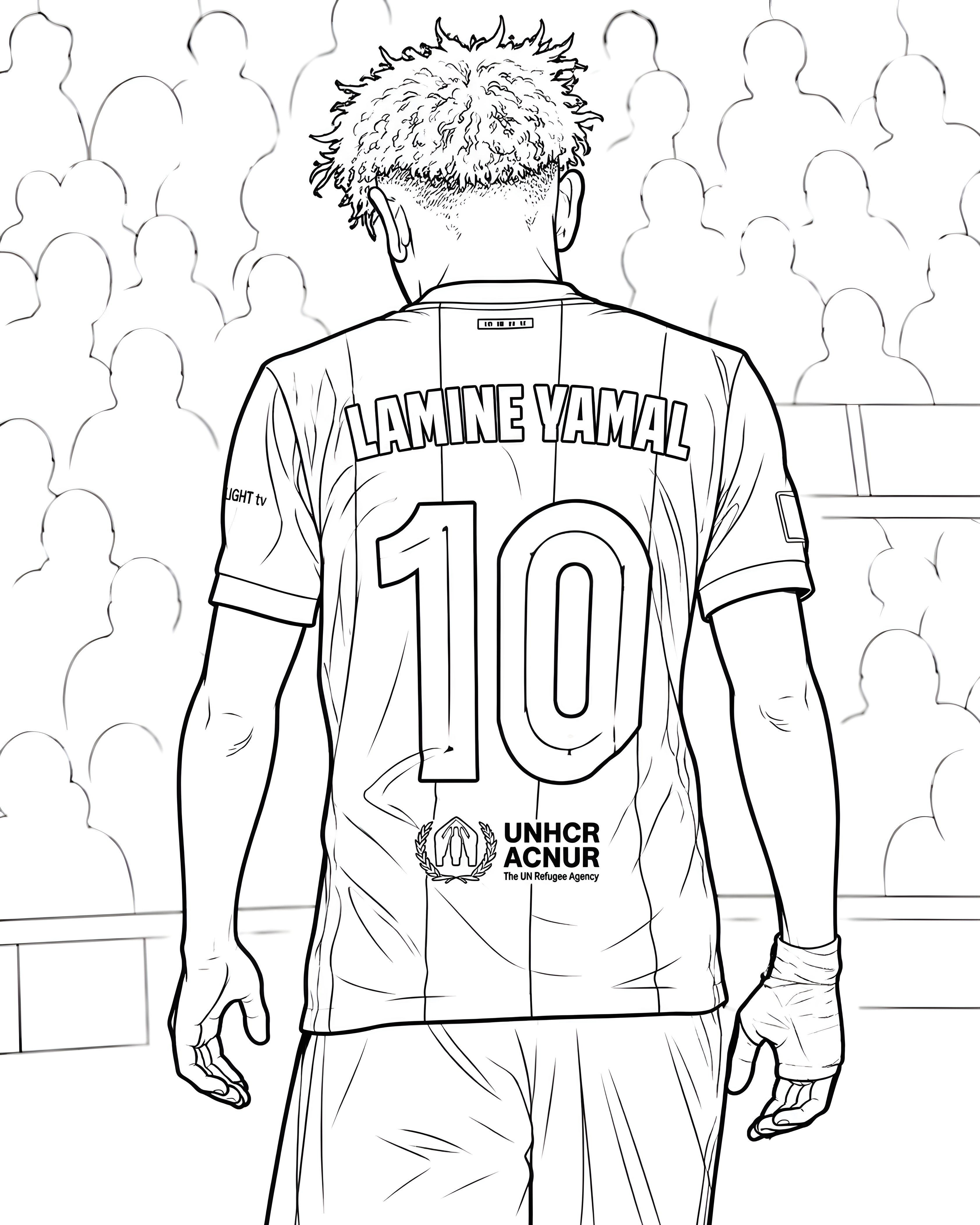 Dessin à colorier de Lamine Yamal vu de dos, en maillot numéro 10, face aux tribunes.