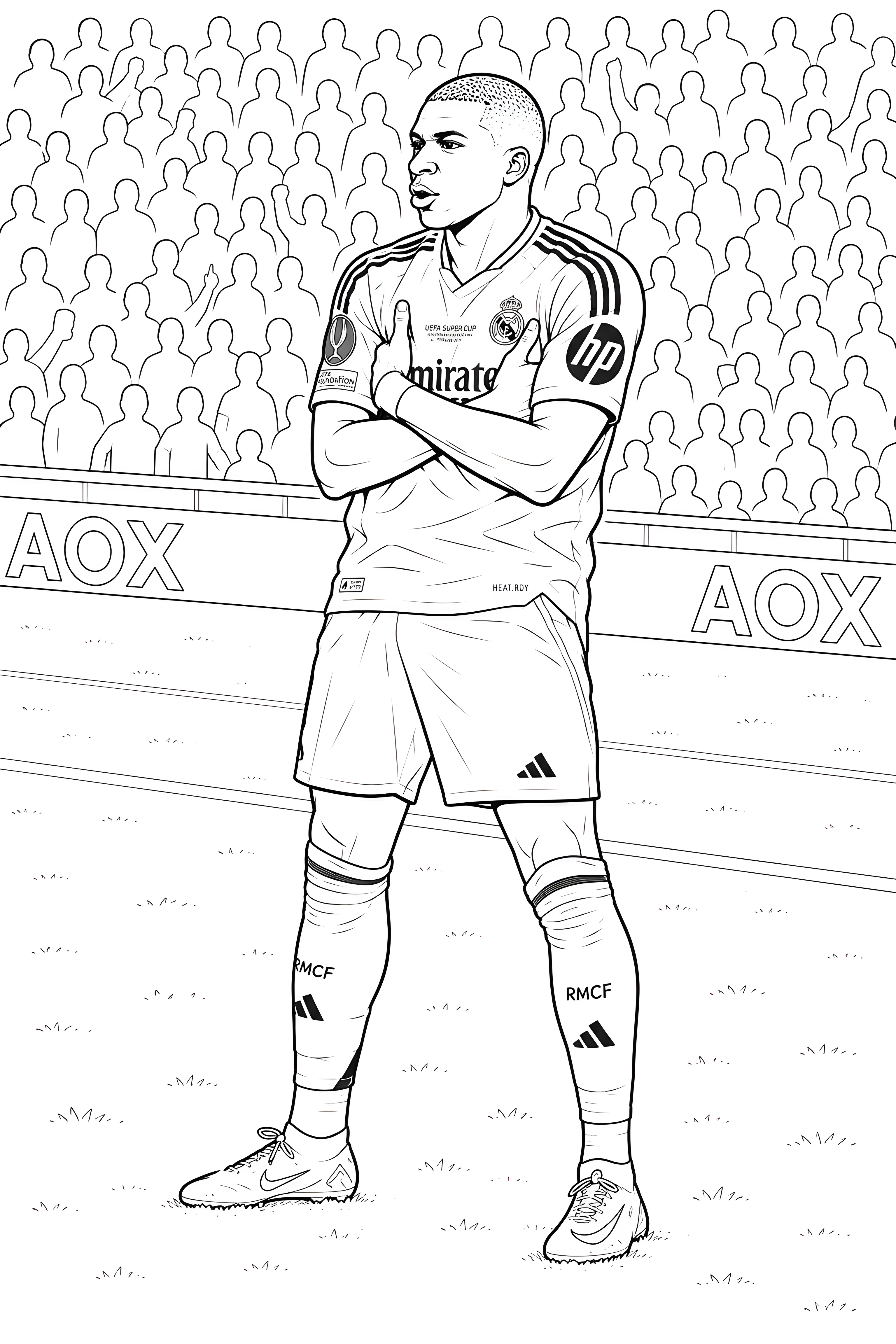 Dessin à colorier de Kylian Mbappé debout, les bras croisés, en maillot du Real Madrid, dans un stade.