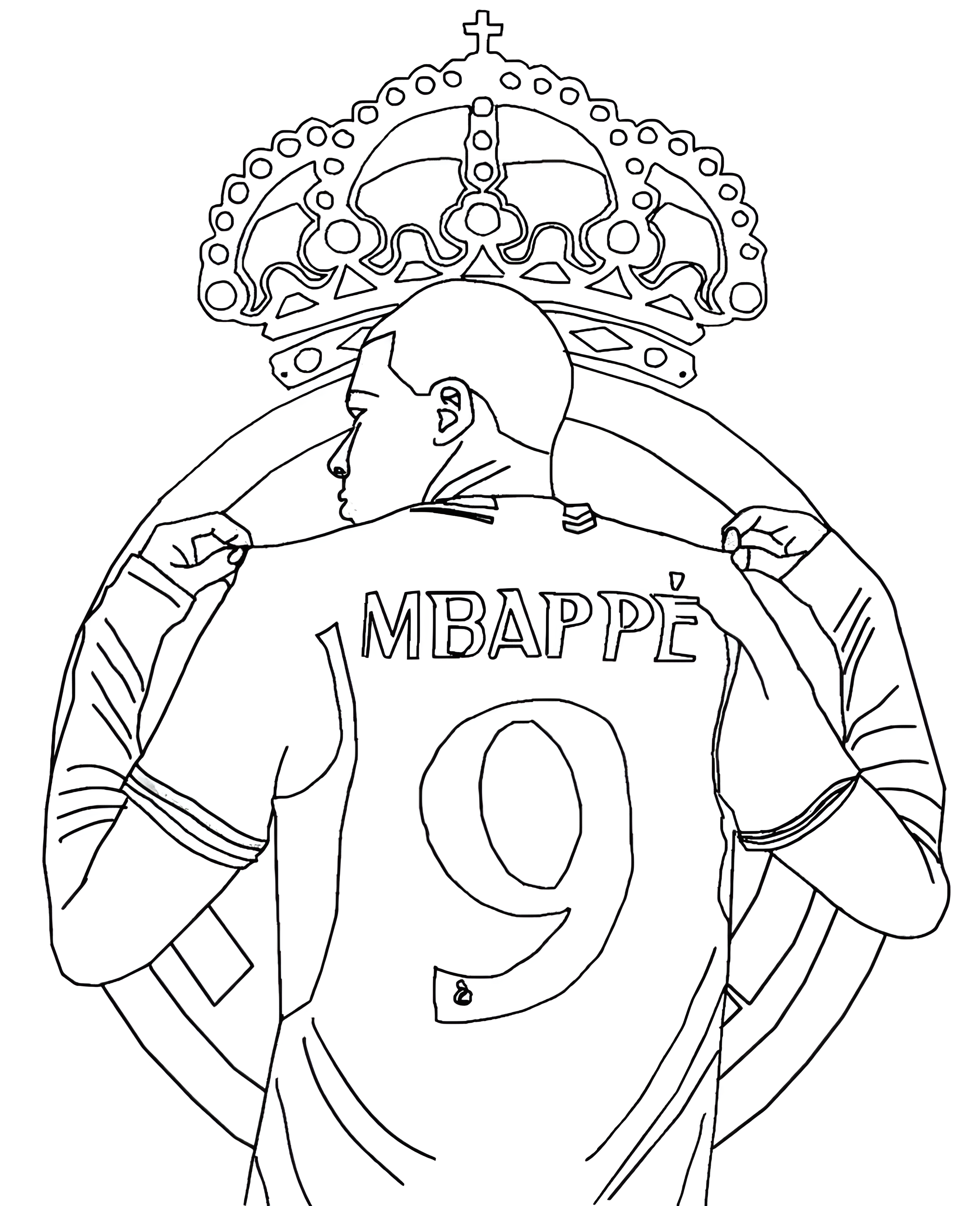 Coloriage de Mbappé vu de dos, tirant sur son maillot numéro 9 devant une grande couronne.