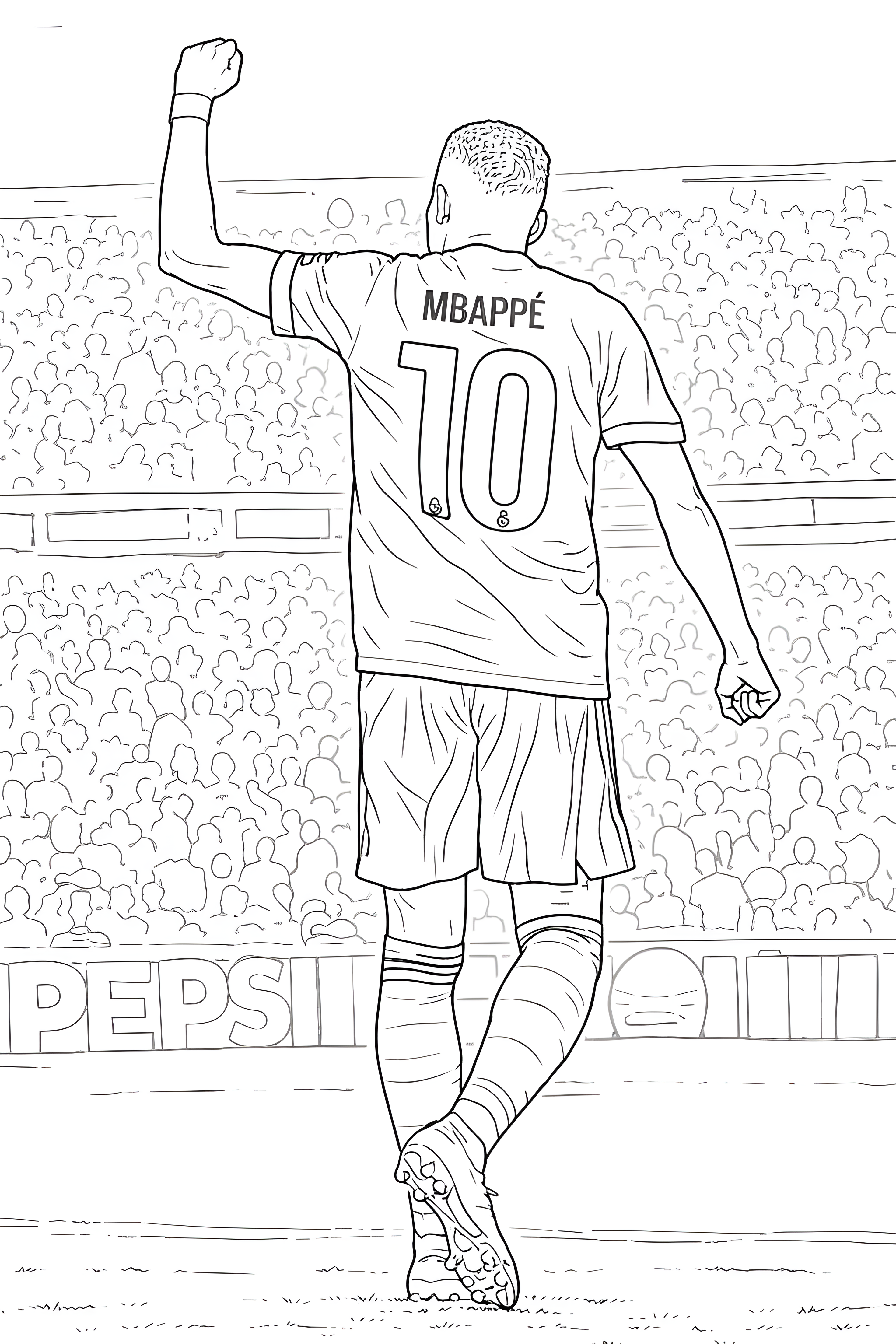 Coloriage de Kylian Mbappé vu de dos, bras levé face aux tribunes d’un stade de football.