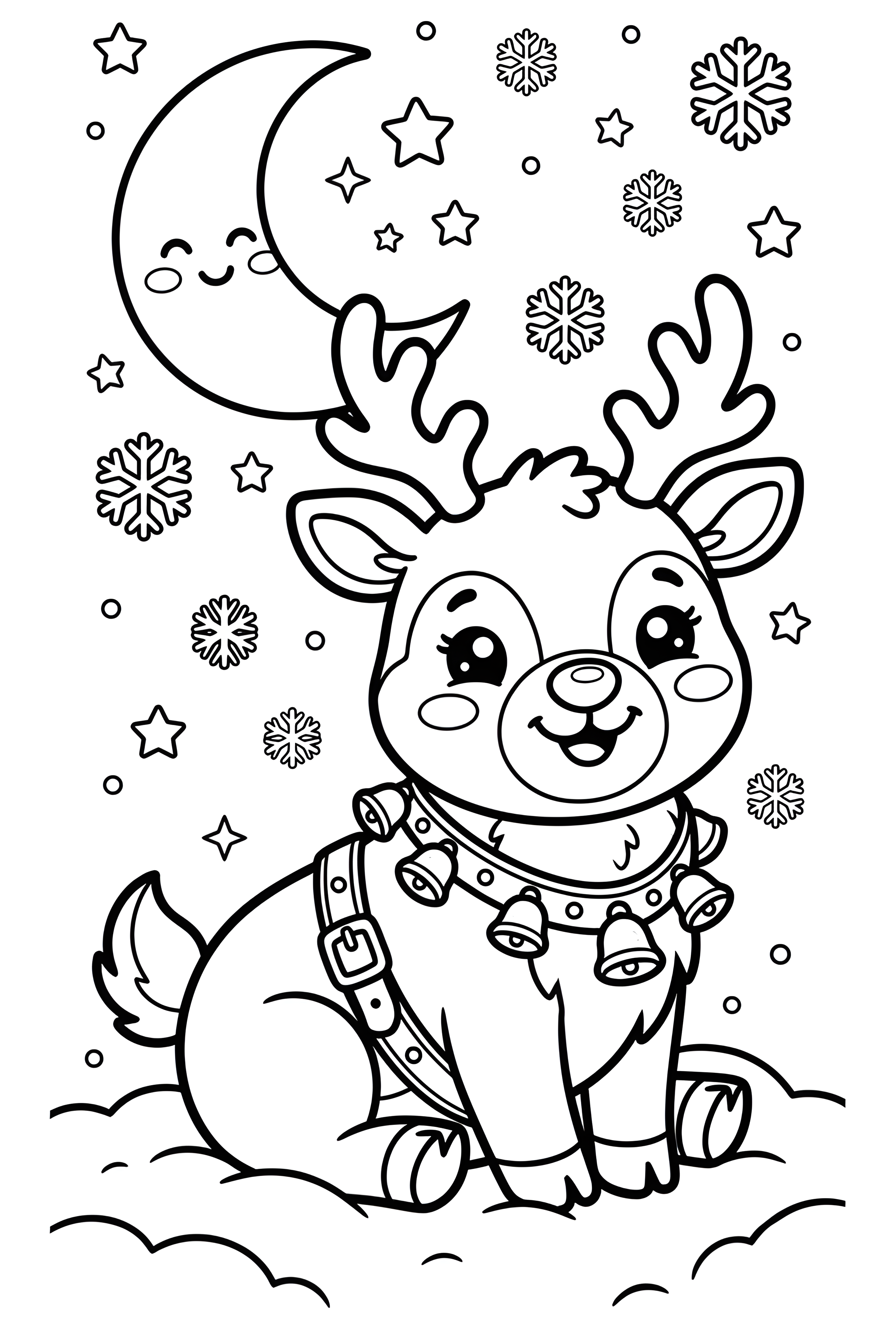 Un renne souriant porte des grelots et se tient sous une lune et des flocons, dans un coloriage de Noël.