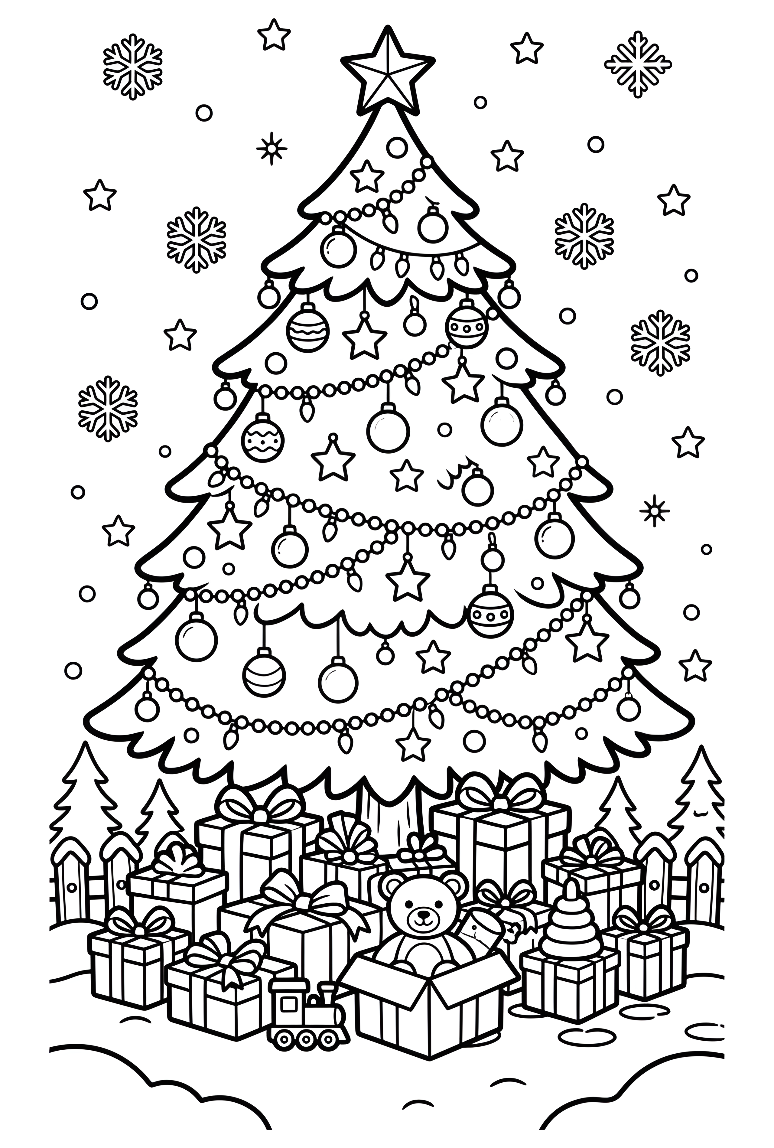 Un sapin de Noël décoré de guirlandes et de boules domine des cadeaux, un ours en peluche et un petit train, dans ce coloriage de Noël.