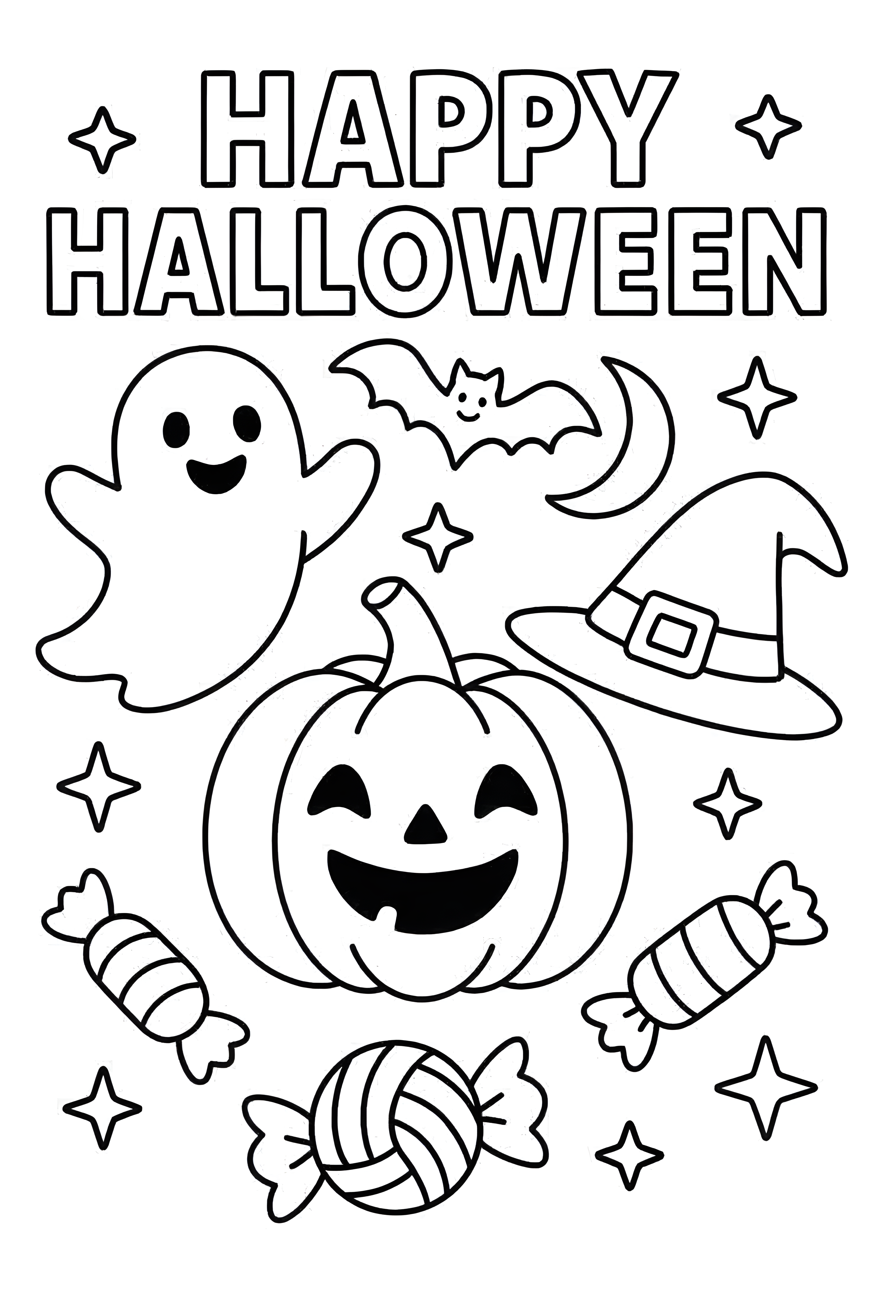 Coloriage Happy Halloween avec un fantôme, une citrouille souriante, un chapeau de sorcière, une chauve-souris et des bonbons