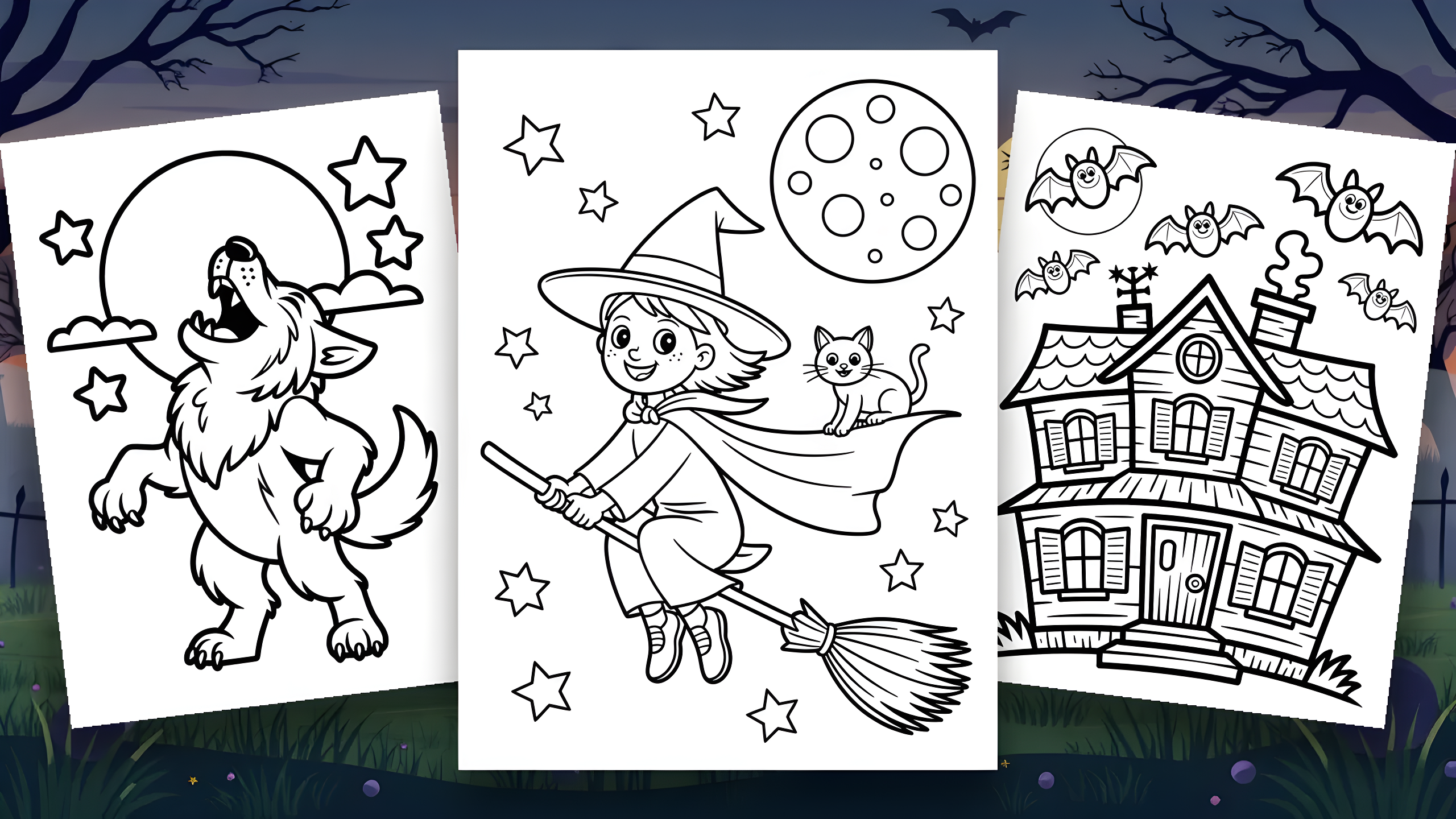 Trois coloriages d’Halloween montrent un monstre hurlant, une sorcière avec son chat volant sur un balai et une maison hantée entourée de chauves-souris.