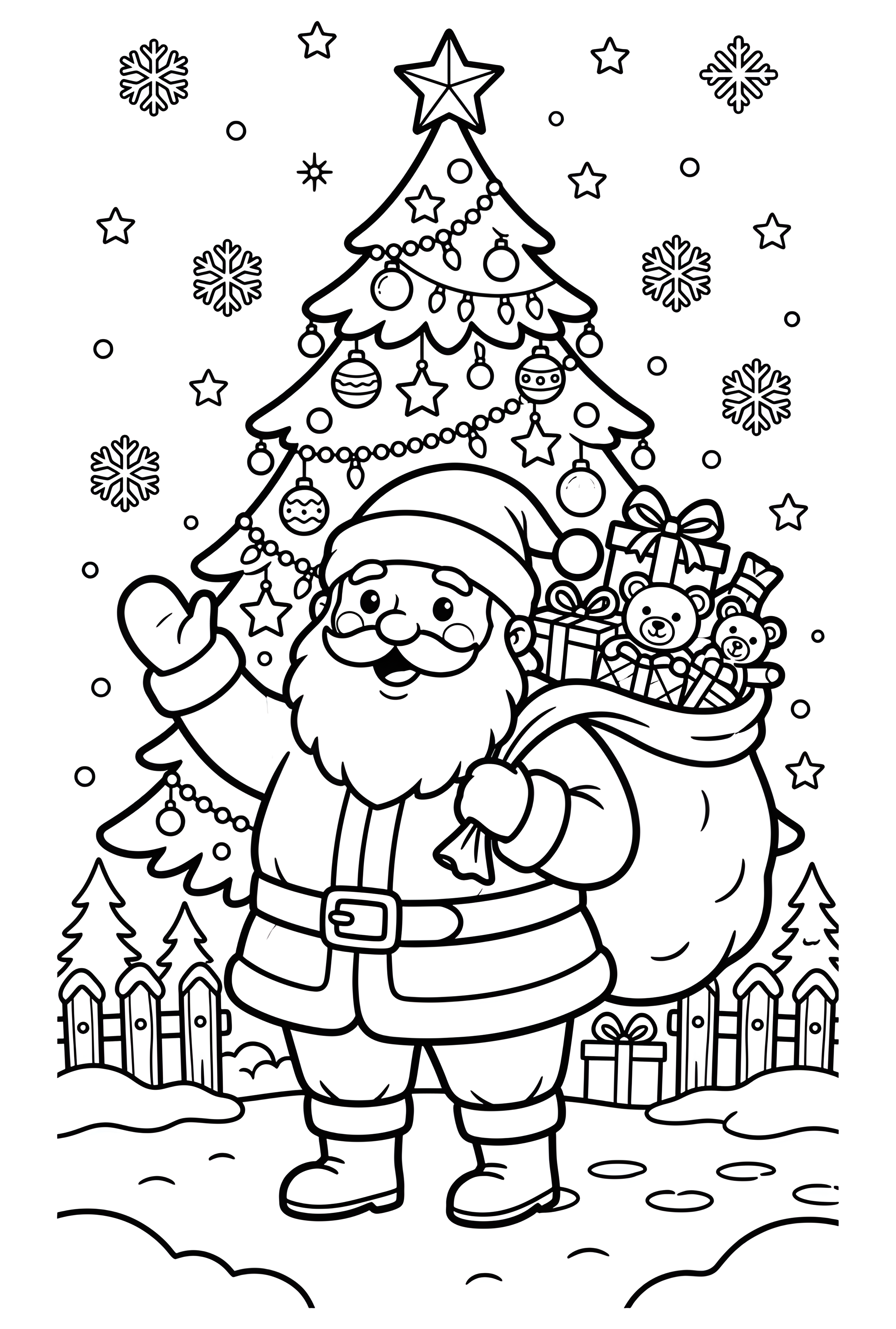 Le Père Noël souriant salue d’une main, son sac rempli de cadeaux sur l’épaule, devant un sapin décoré dans ce coloriage de Noël.