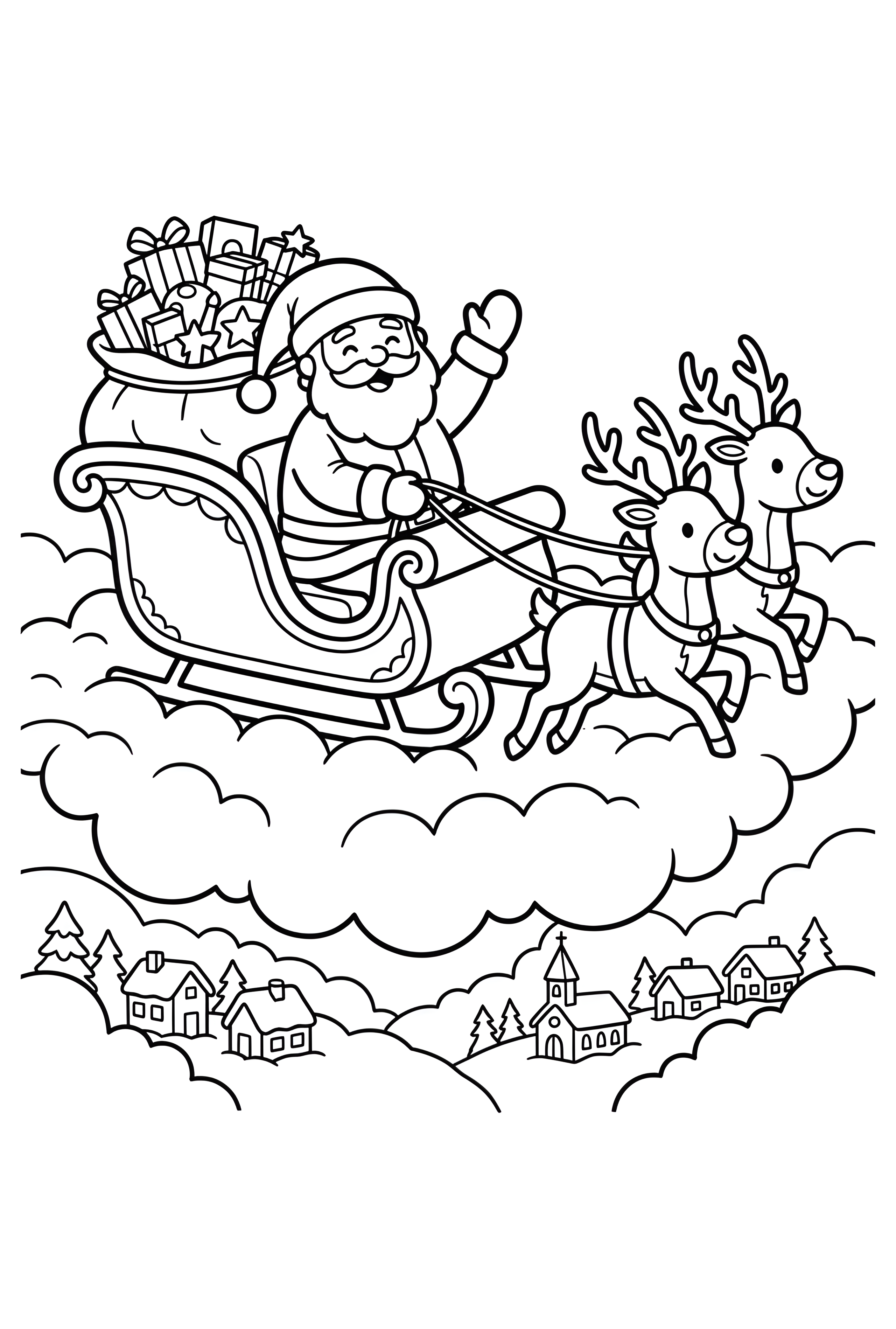 Le Père Noël salue depuis son traîneau tiré par deux rennes au-dessus des nuages, dans un coloriage de Noël.