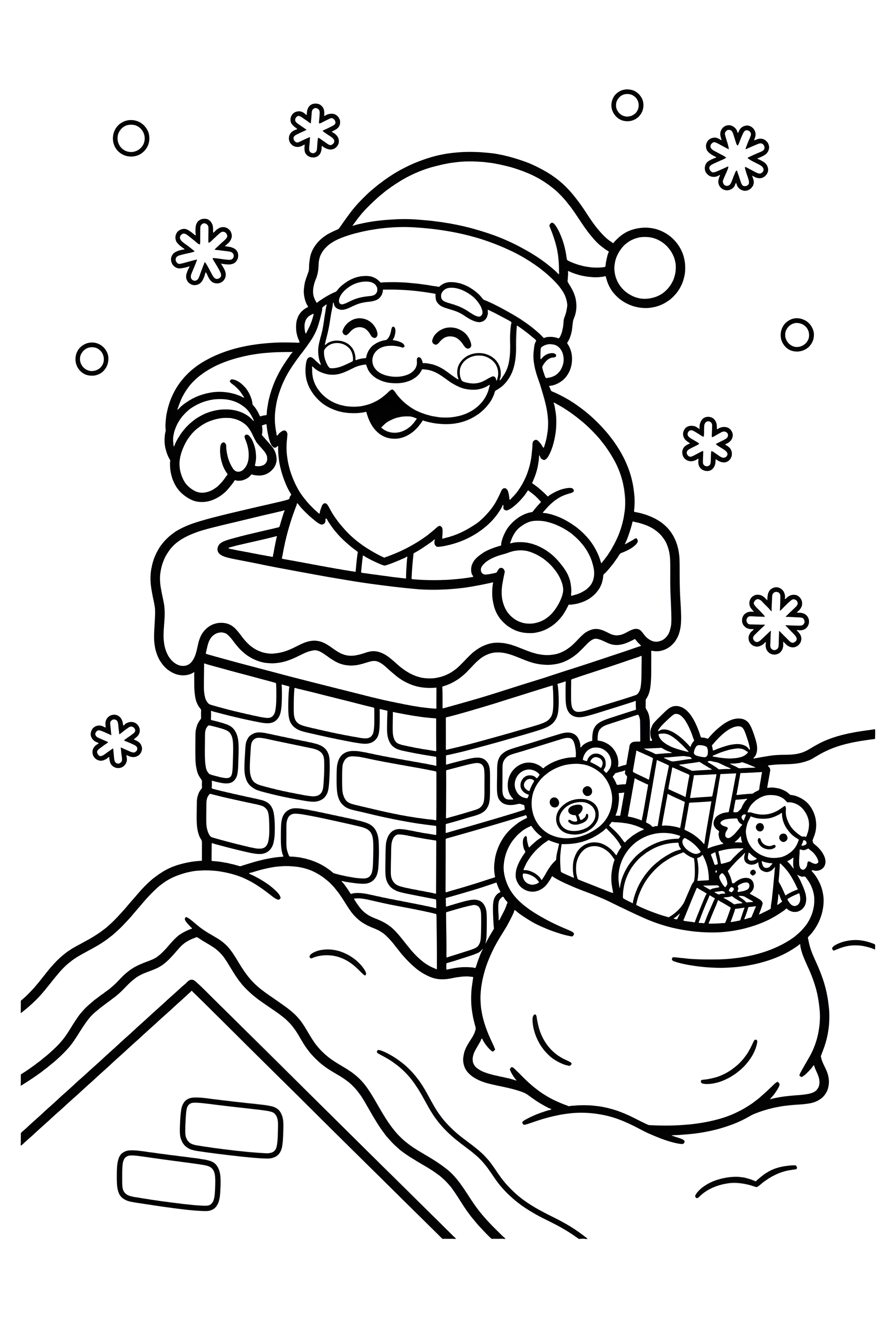 Le Père Noël sort d’une cheminée, entouré de flocons, tandis qu’un sac de cadeaux rempli de jouets attend près d’un toit enneigé, dans ce coloriage de Noël.