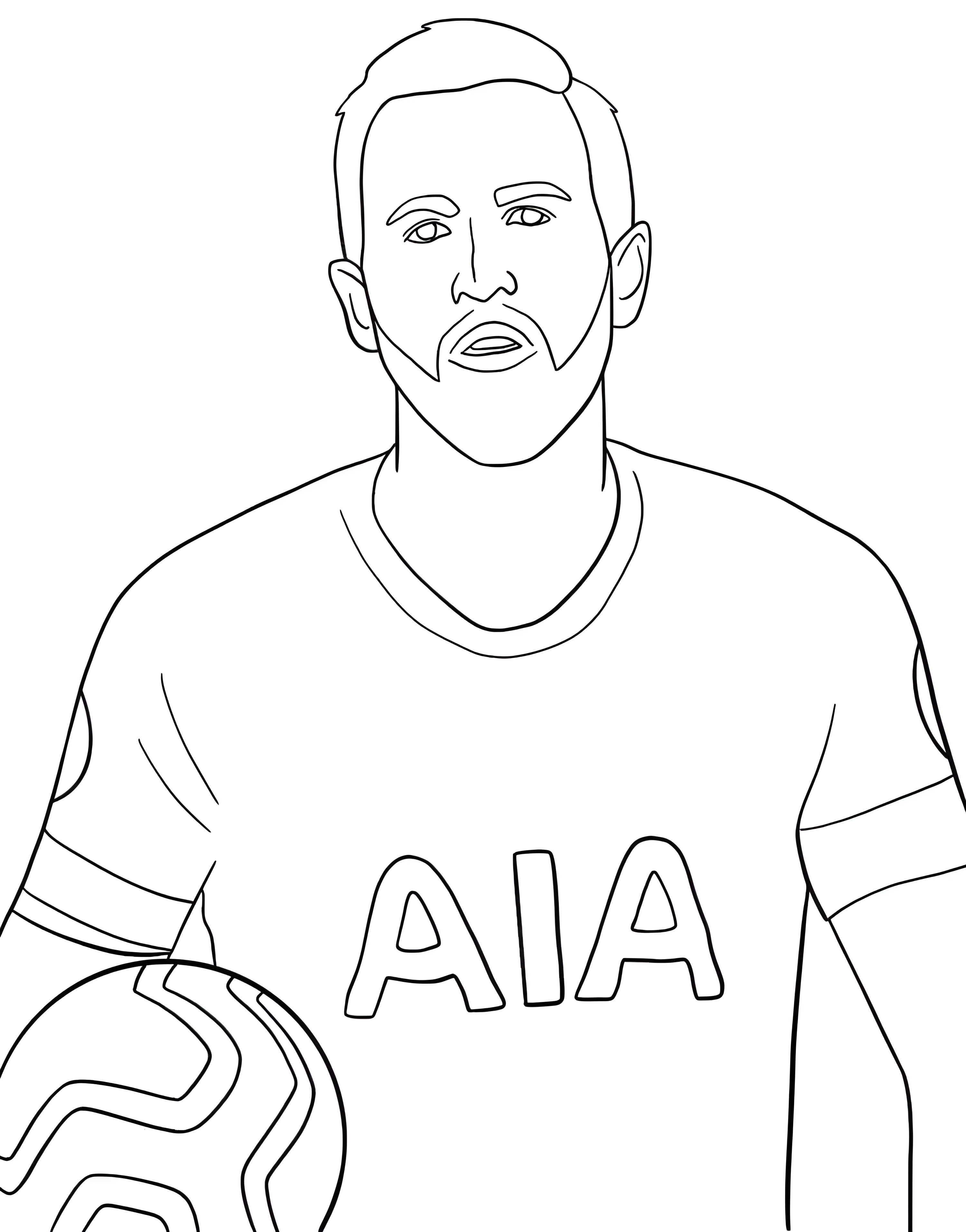 Harry Kane avec une barbe, un maillot de Tottenham portant le sponsor AIA et un ballon à ses côtés, à colorier.