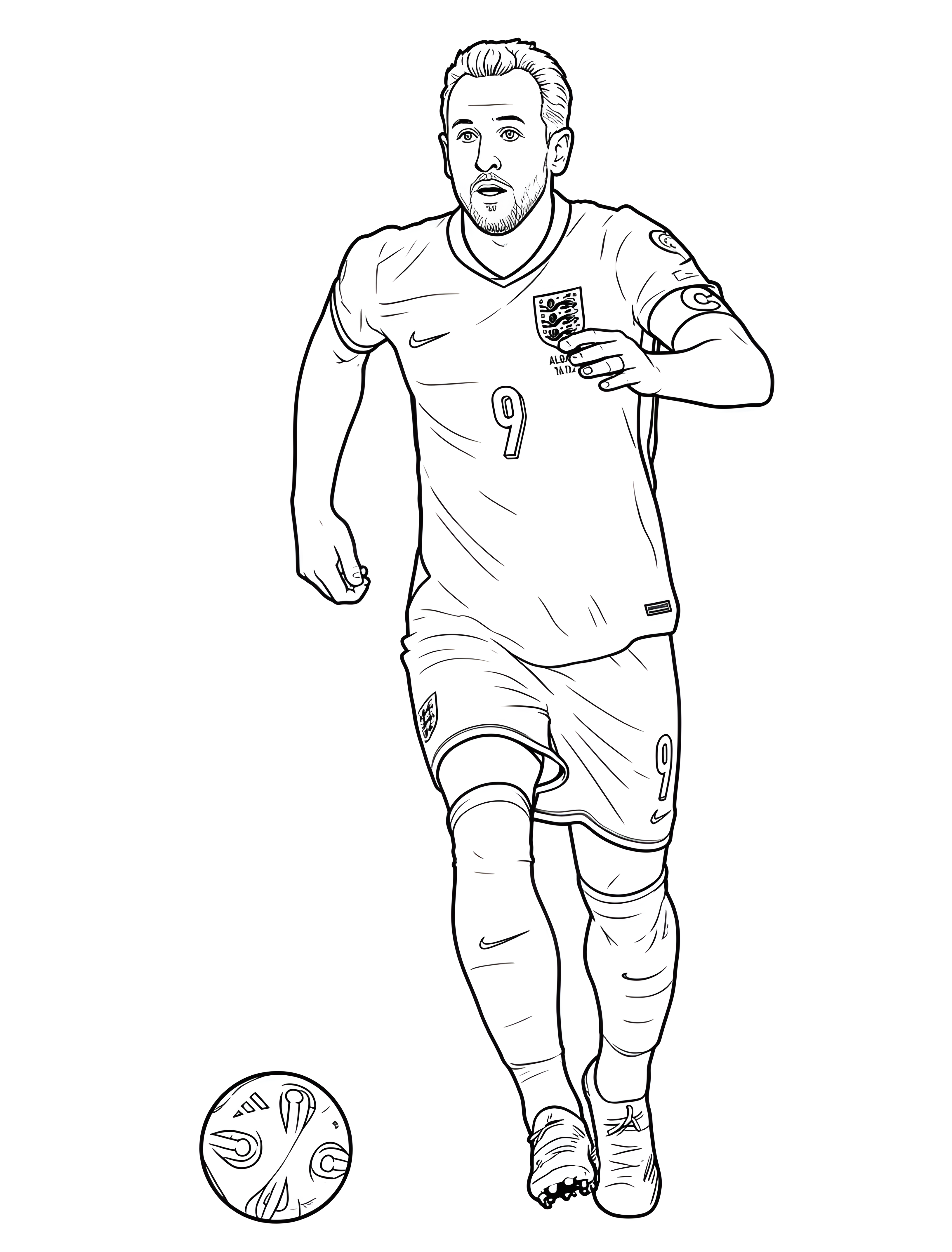 Harry Kane court avec le maillot numéro 9 de l’Angleterre et le ballon près du pied, sur ce dessin à colorier.