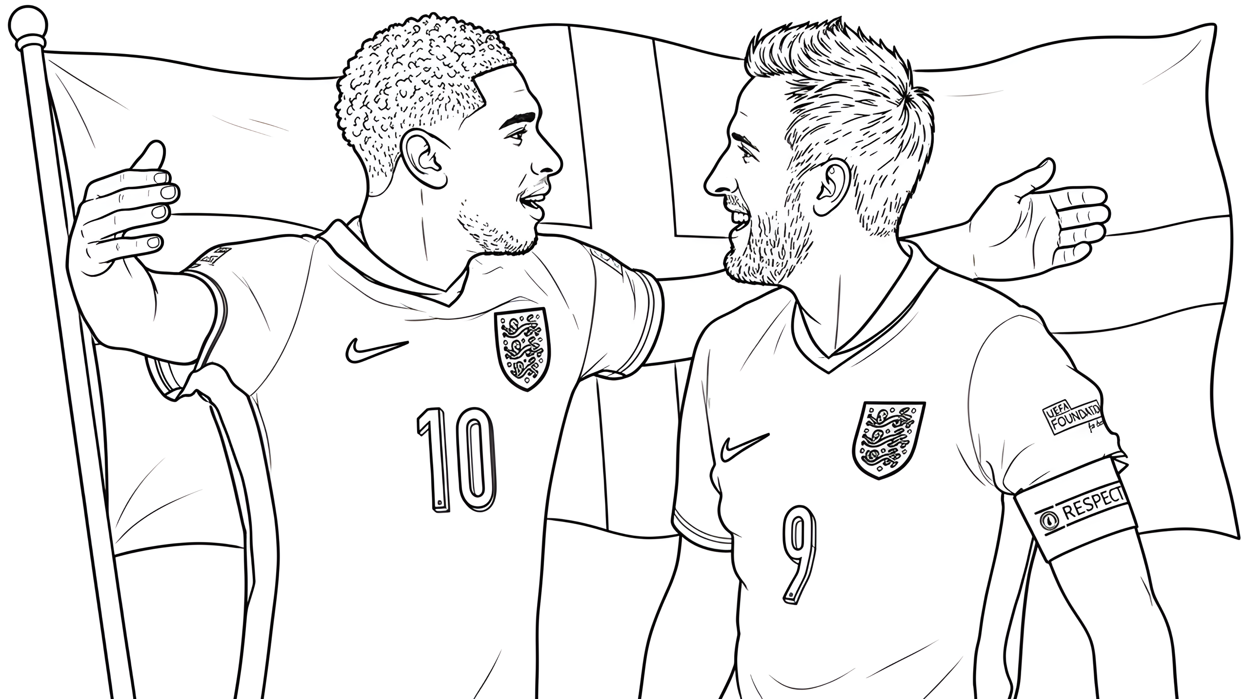 Harry Kane, numéro 9, et Jude Bellingham, numéro 10, se prennent dans les bras sous le drapeau anglais, à colorier.