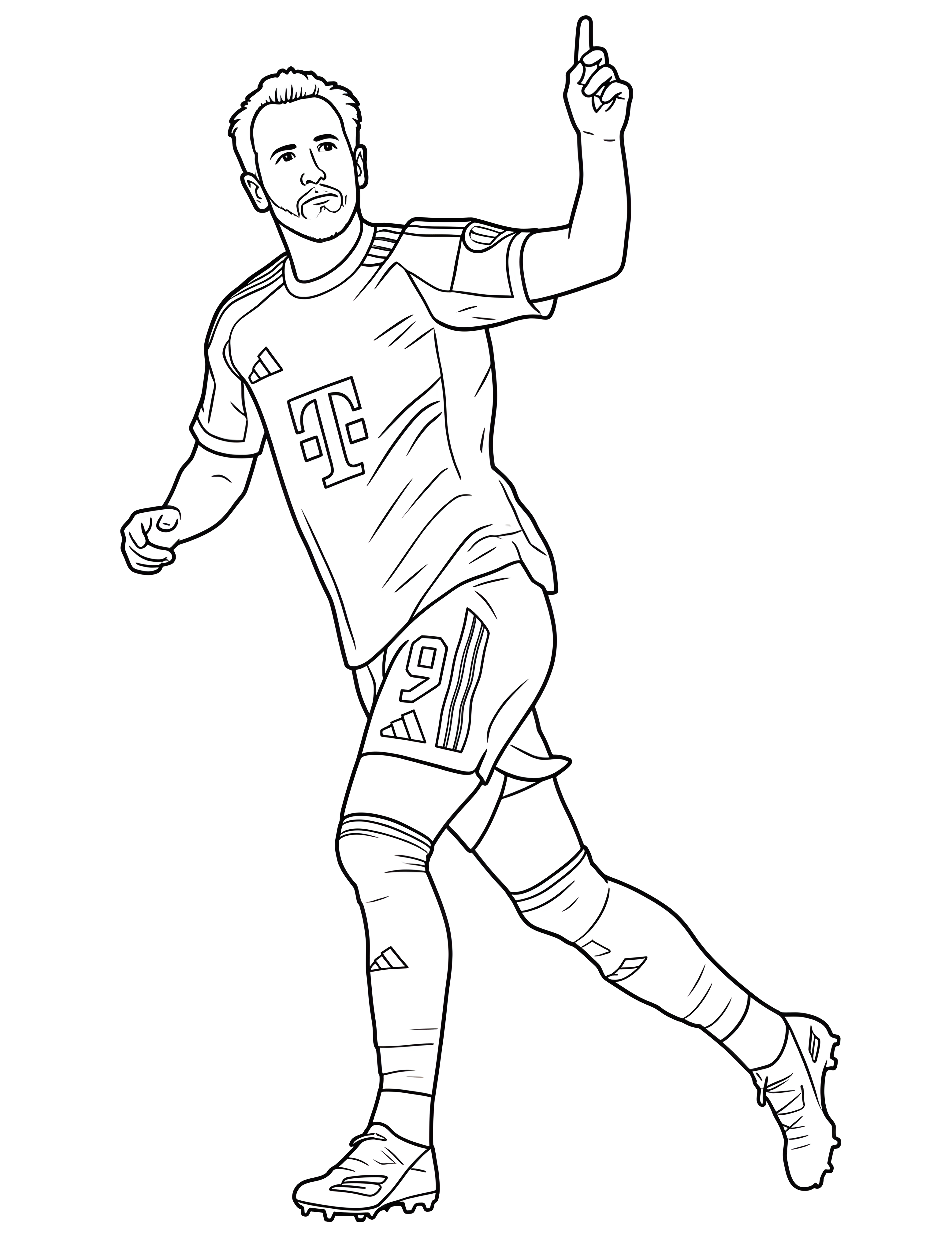 Harry Kane en tenue du Bayern Munich avec le numéro 9 lève un doigt vers le ciel, sur ce dessin à colorier.