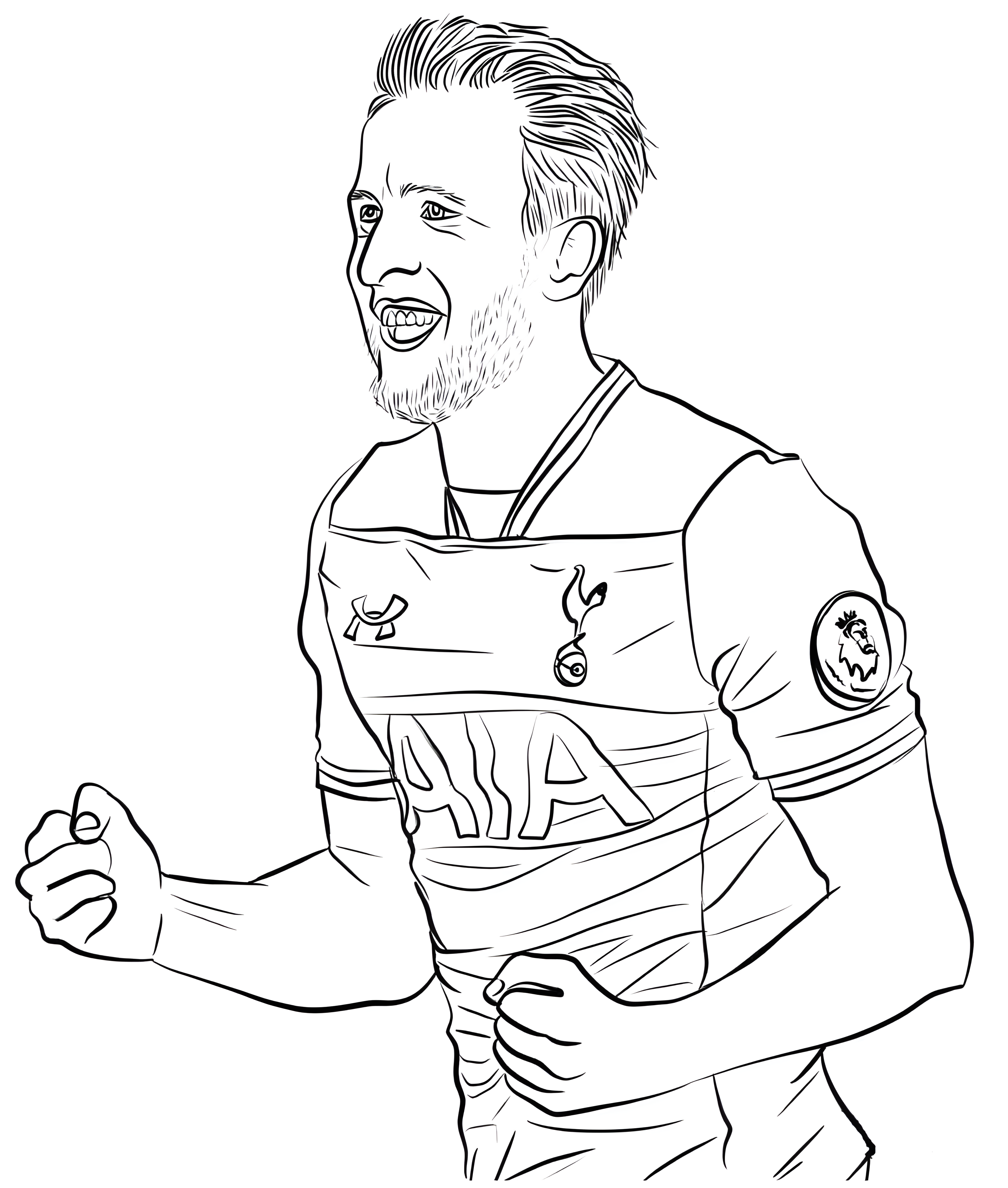 Harry Kane sourit, les poings serrés, avec un ancien maillot de Tottenham portant le sponsor AIA, à colorier.