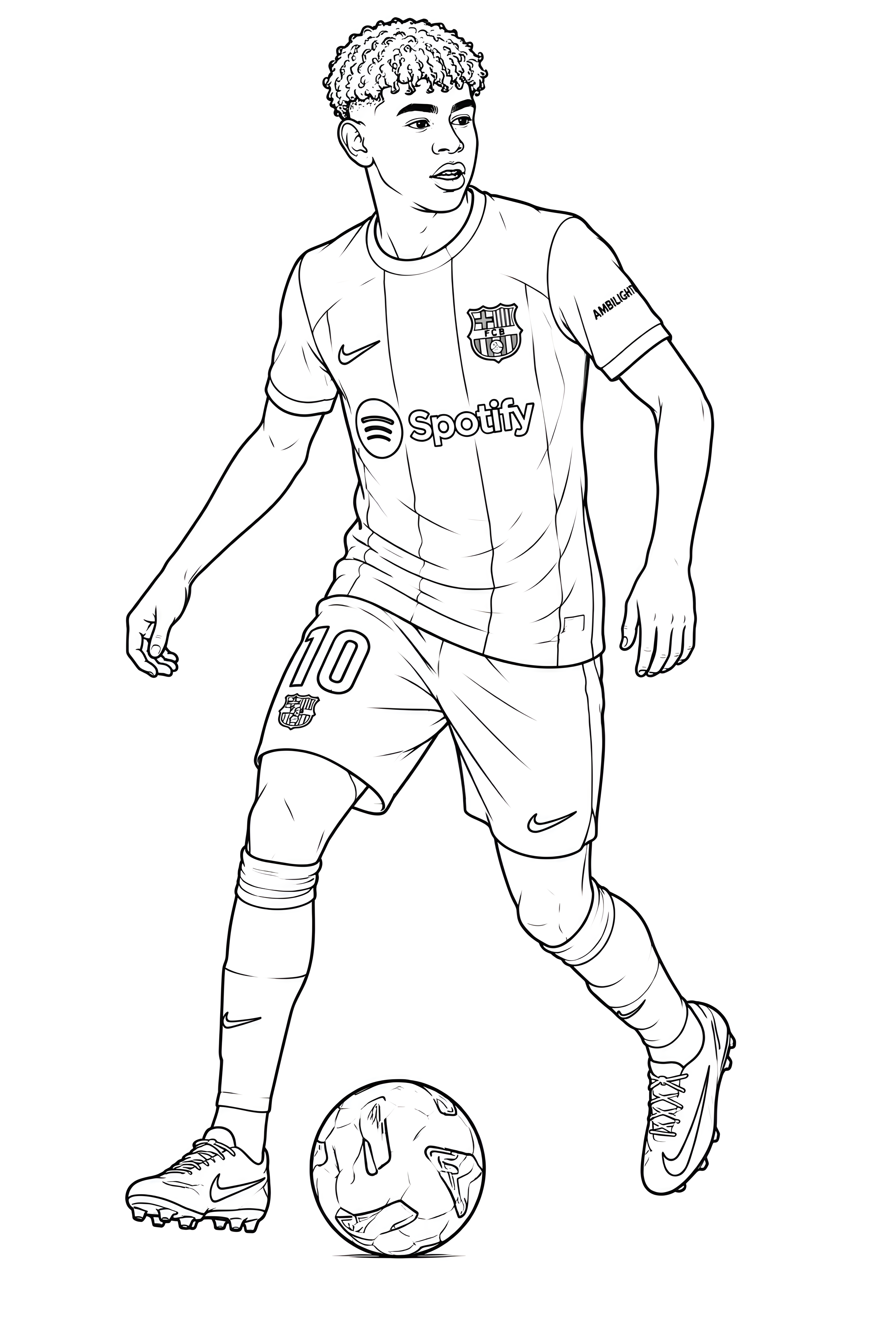 Coloriage de Lamine Yamal en mouvement, ballon au pied, avec le maillot du FC Barcelone