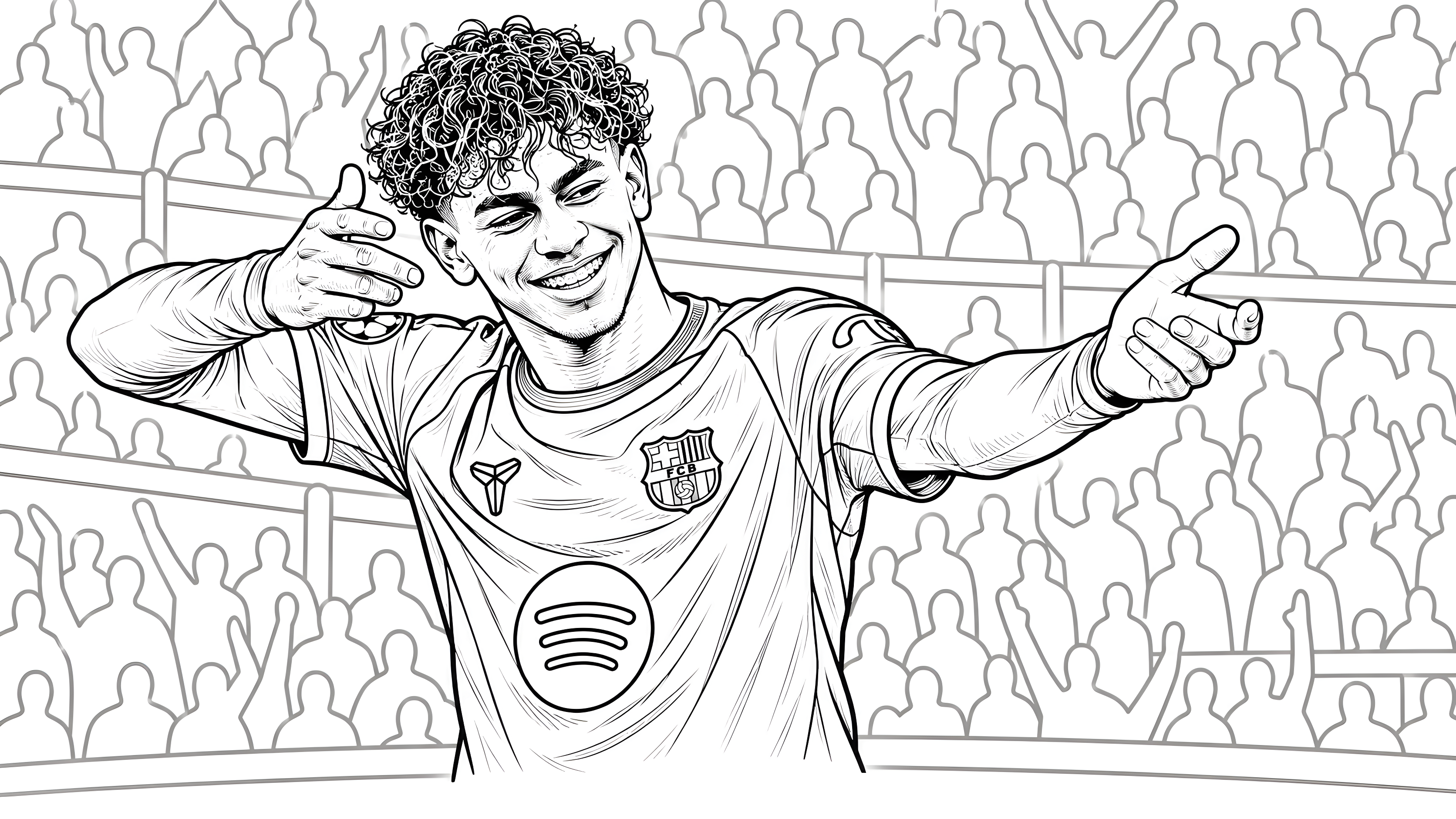 Coloriage de Lamine Yamal célébrant dans un stade, les bras écartés, avec le maillot du FC Barcelone.