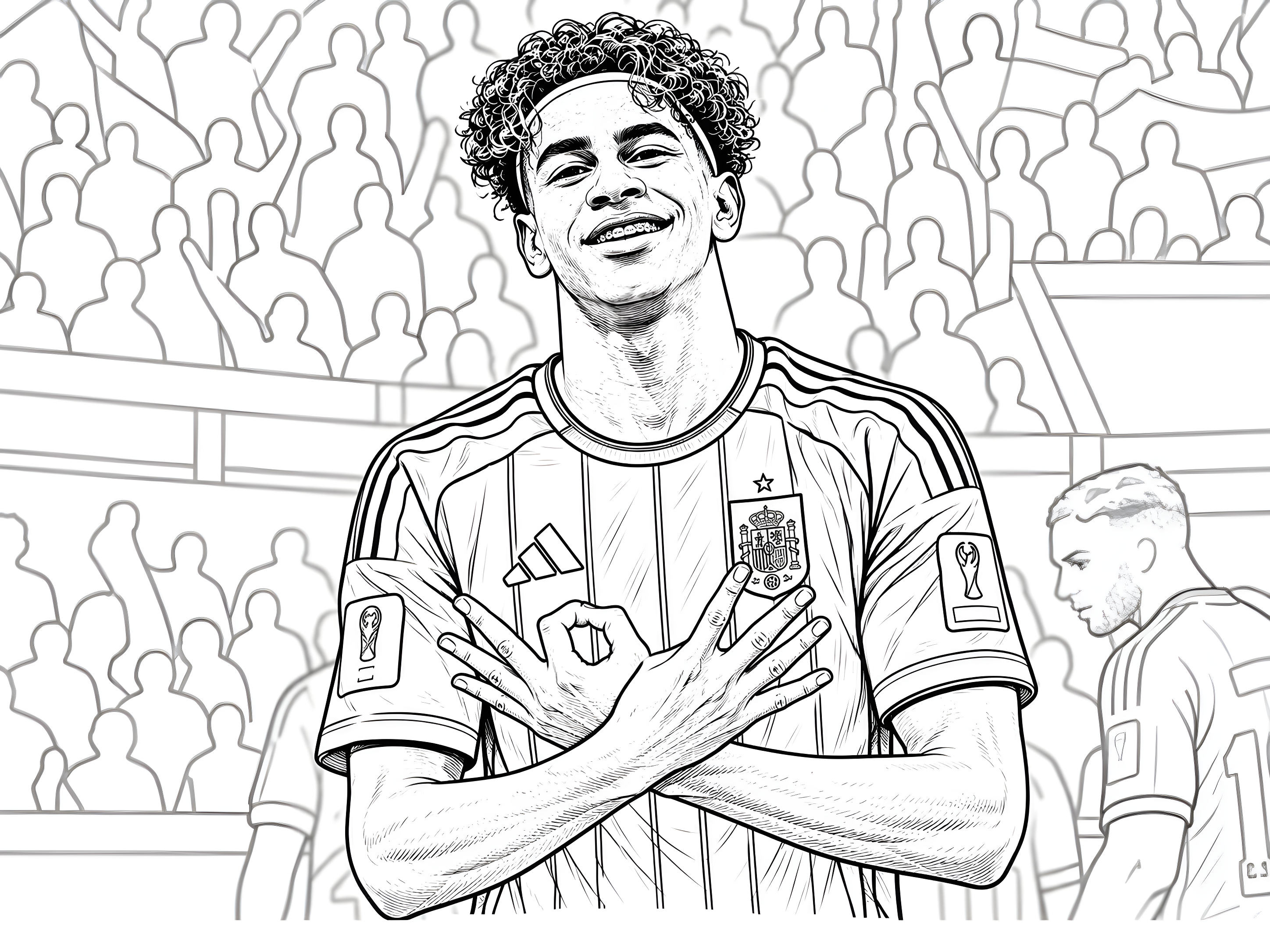 Coloriage de Lamine Yamal souriant, bras croisés sur la poitrine, en maillot de l’équipe d’Espagne, devant des tribunes de football.