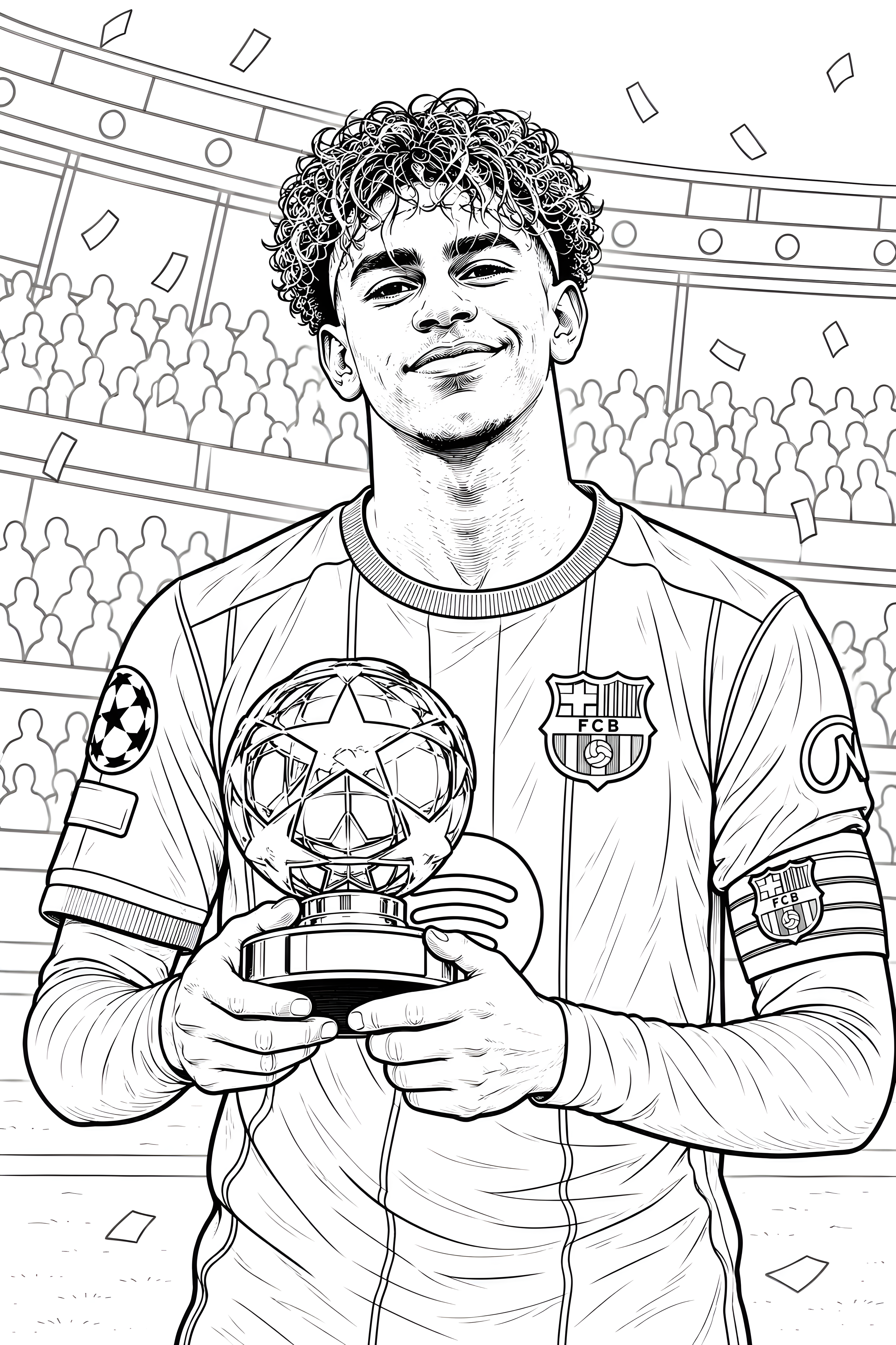 Coloriage de Lamine Yamal souriant, tenant un trophée, avec le maillot du FC Barcelone.