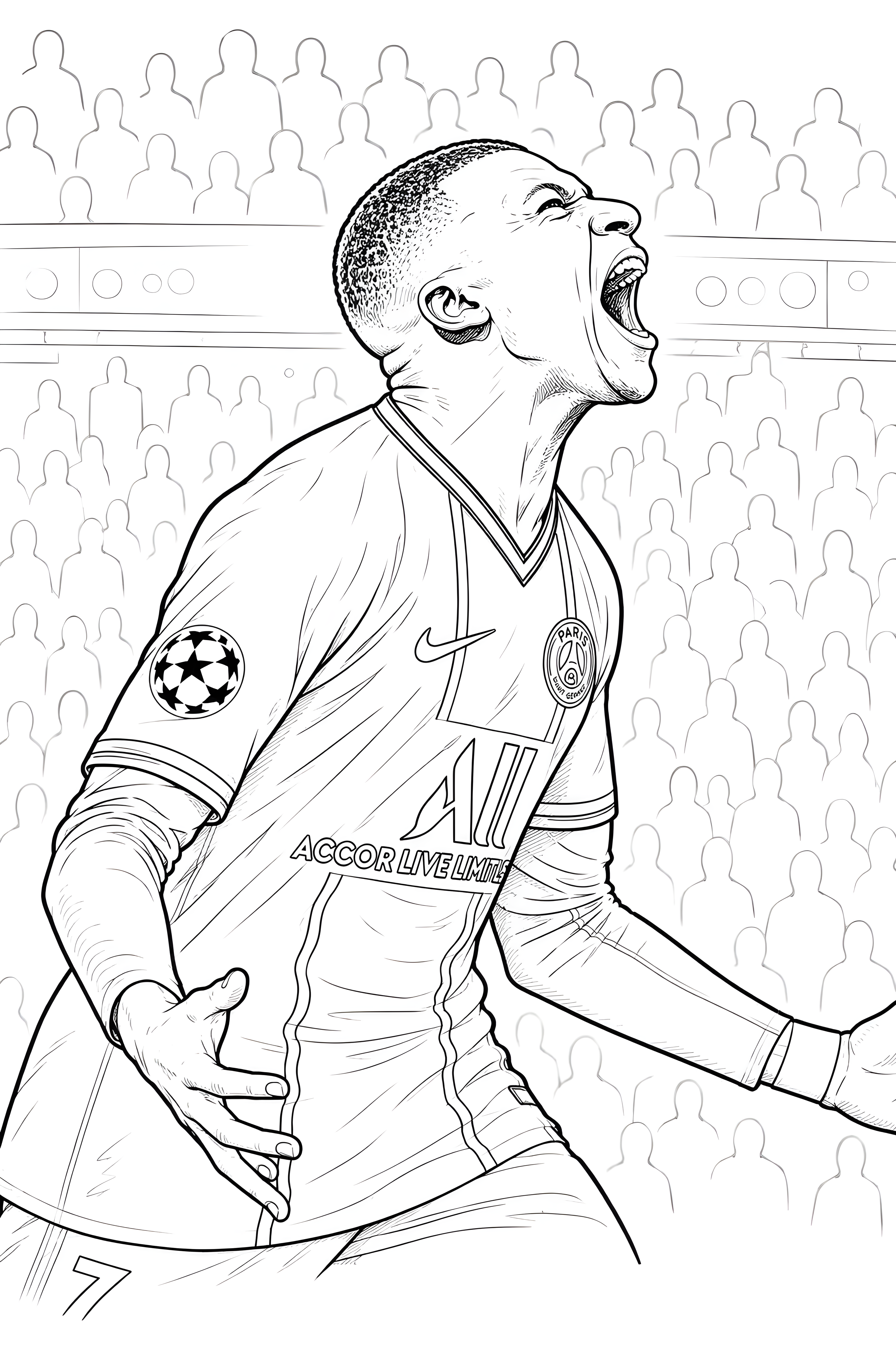 Coloriage de Kylian Mbappé en maillot du Paris Saint-Germain, la tête levée et la bouche ouverte dans un cri de joie